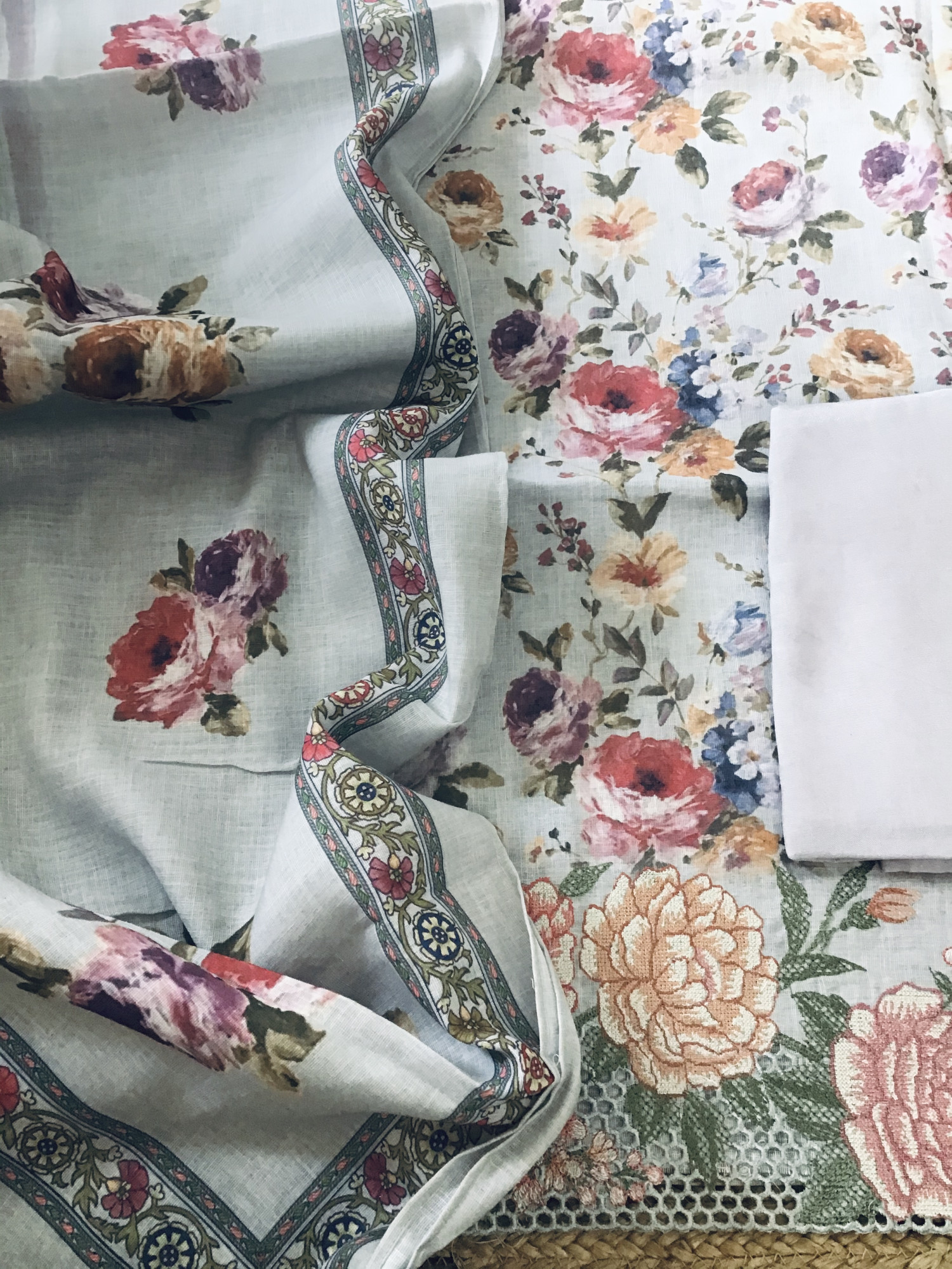 Pure Linen Jute Cotton Printed Embroidered Suit - Grey