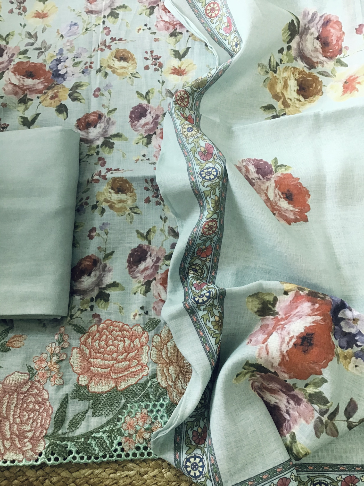 Pure Linen Jute Cotton Printed Embroidered Suit - Sea Green