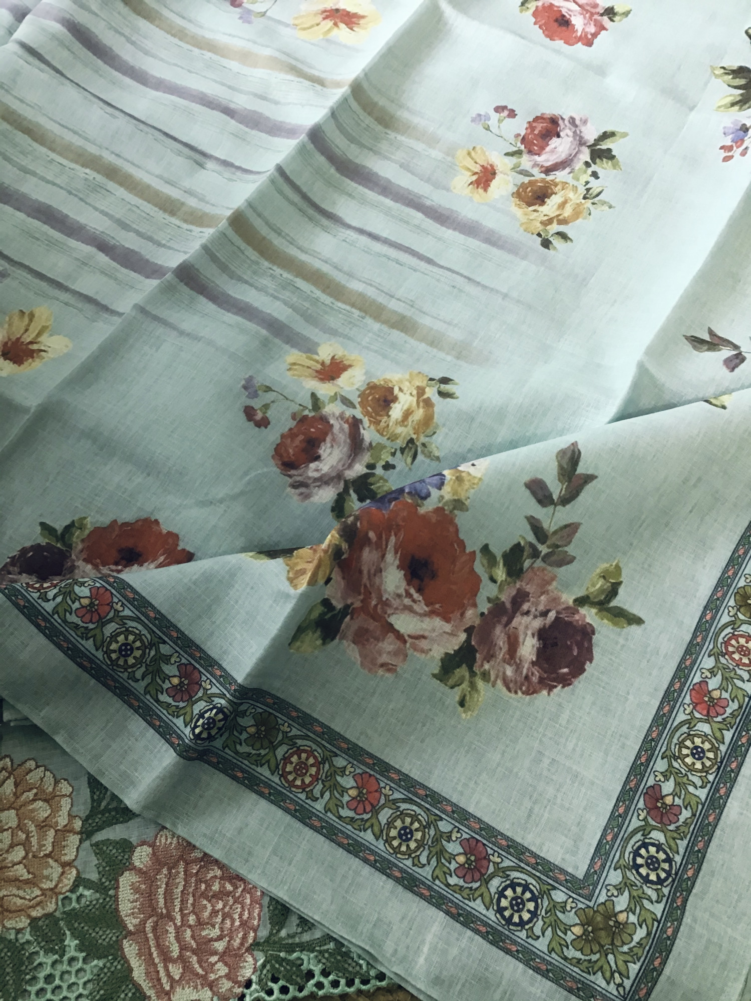 Pure Linen Jute Cotton Printed Embroidered Suit - Sea Green