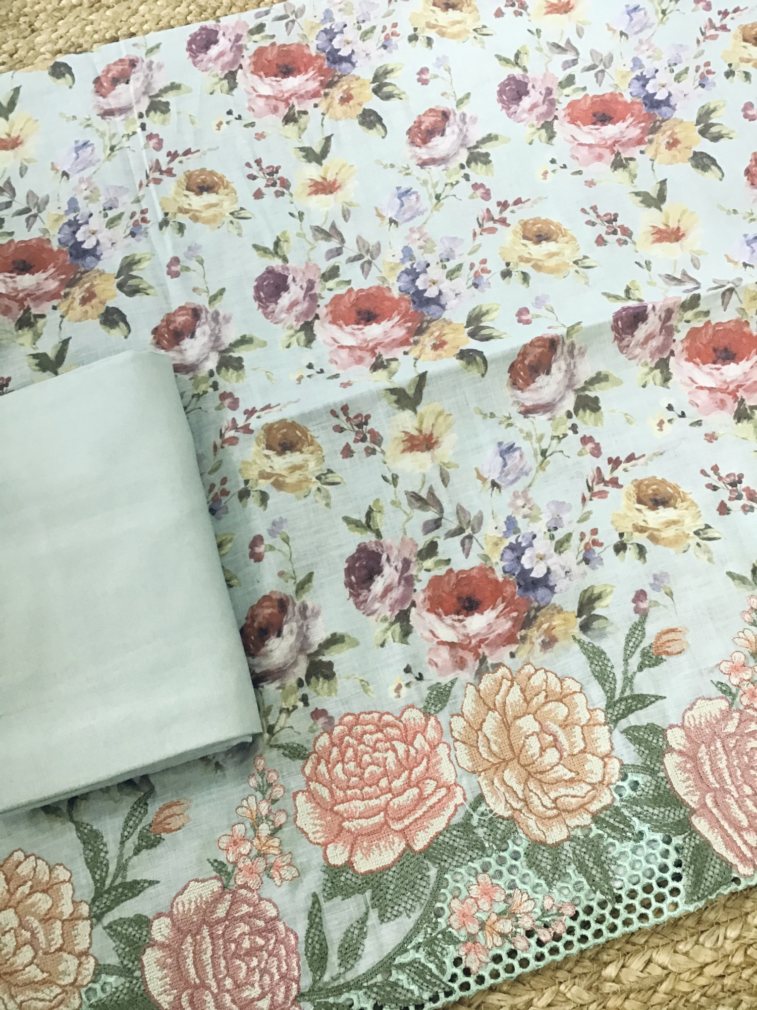 Pure Linen Jute Cotton Printed Embroidered Suit - Sea Green