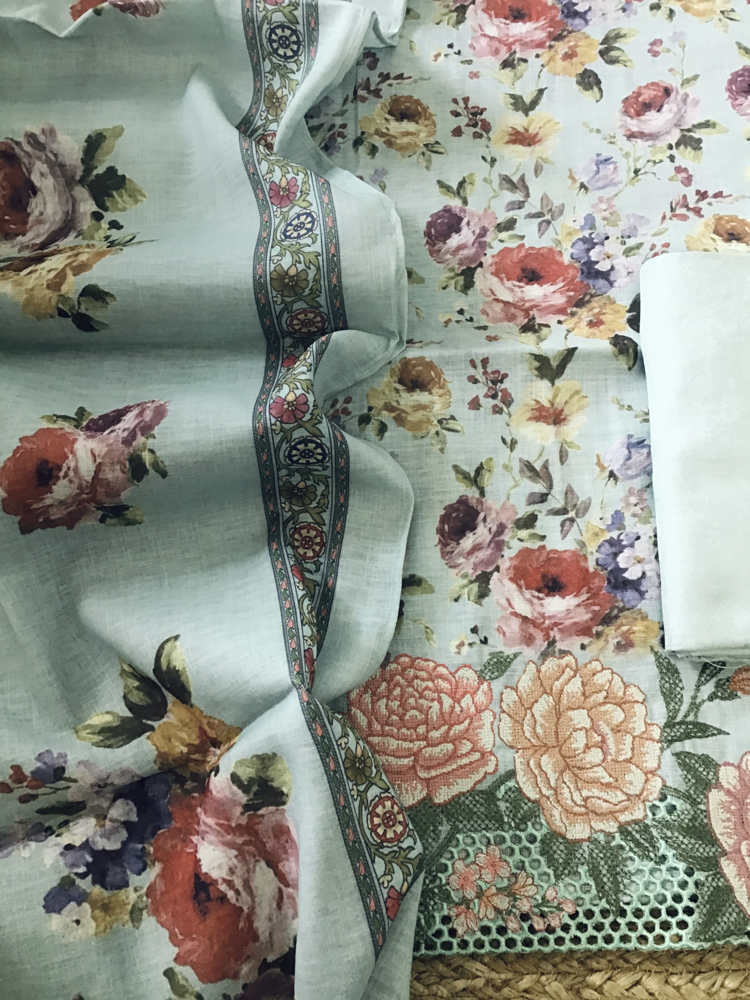 Pure Linen Jute Cotton Printed Embroidered Suit - Sea Green