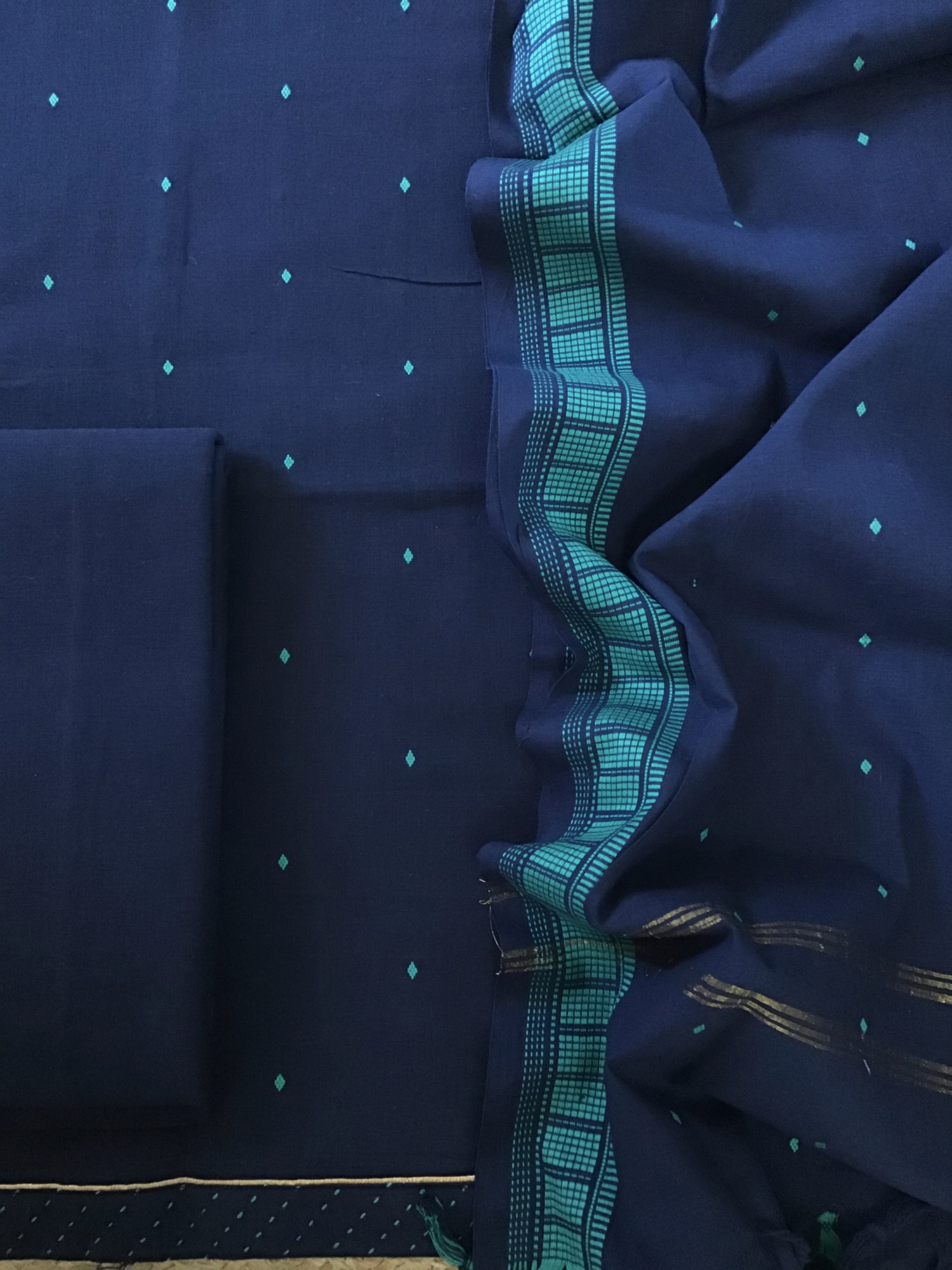 Pure Handloom Cotton Self Weaved Suit - Blue