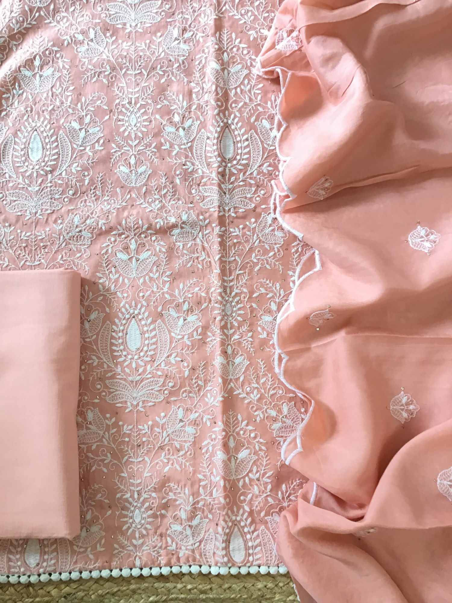 Pure Muslin Embroidered Suit - Peach