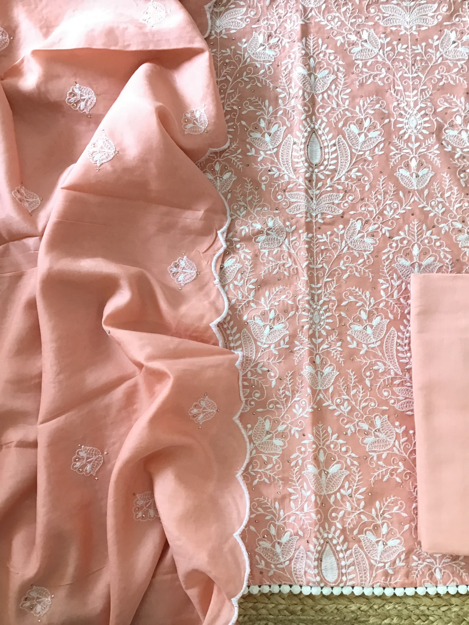 Pure Muslin Embroidered Suit - Peach