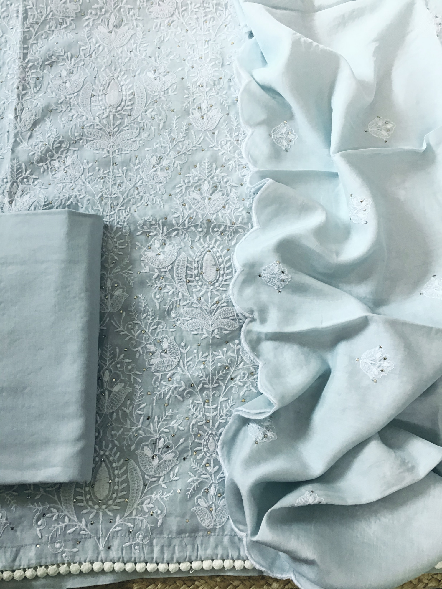 Pure Muslin Embroidered Suit - Grey