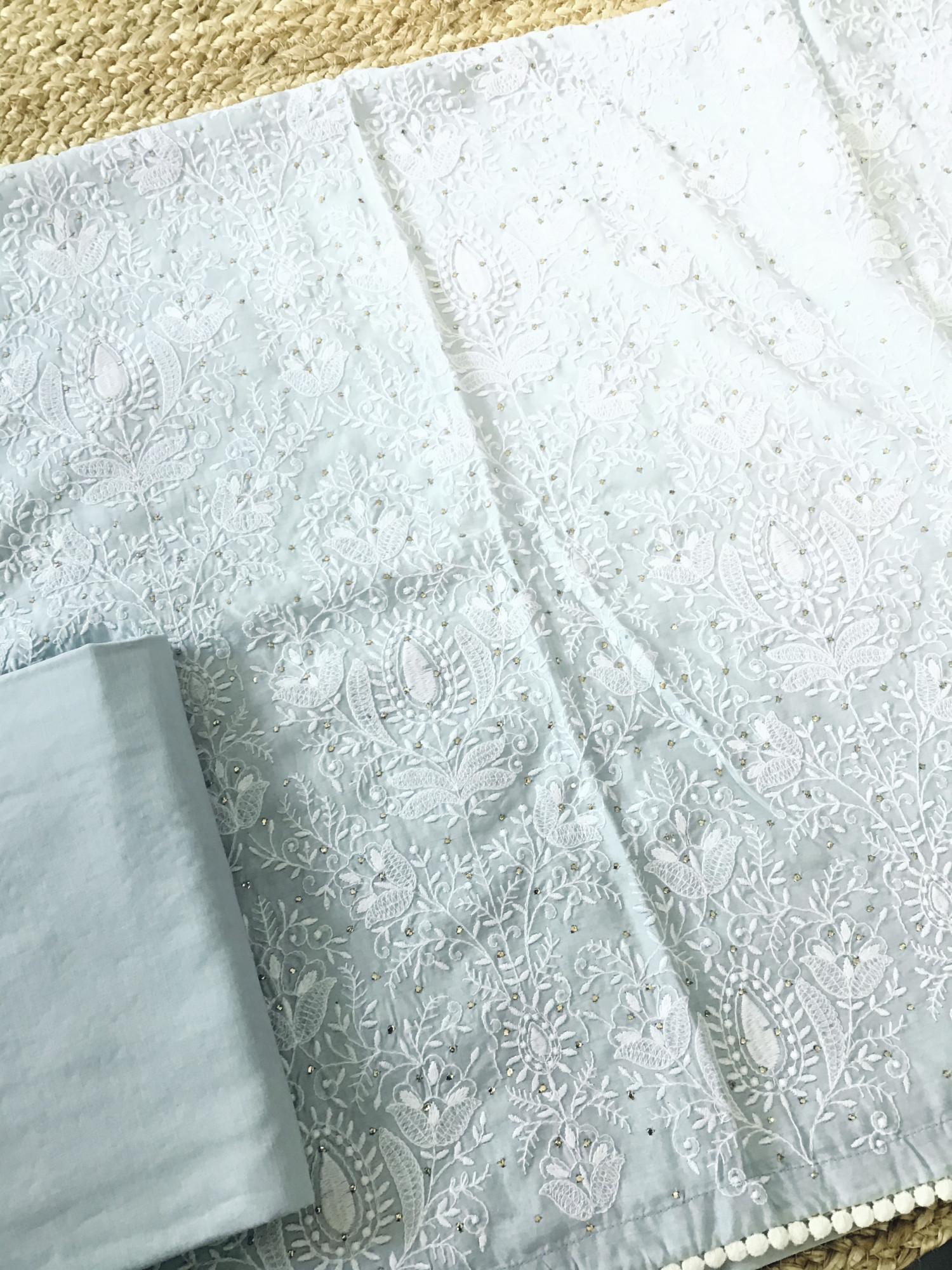 Pure Muslin Embroidered Suit - Grey