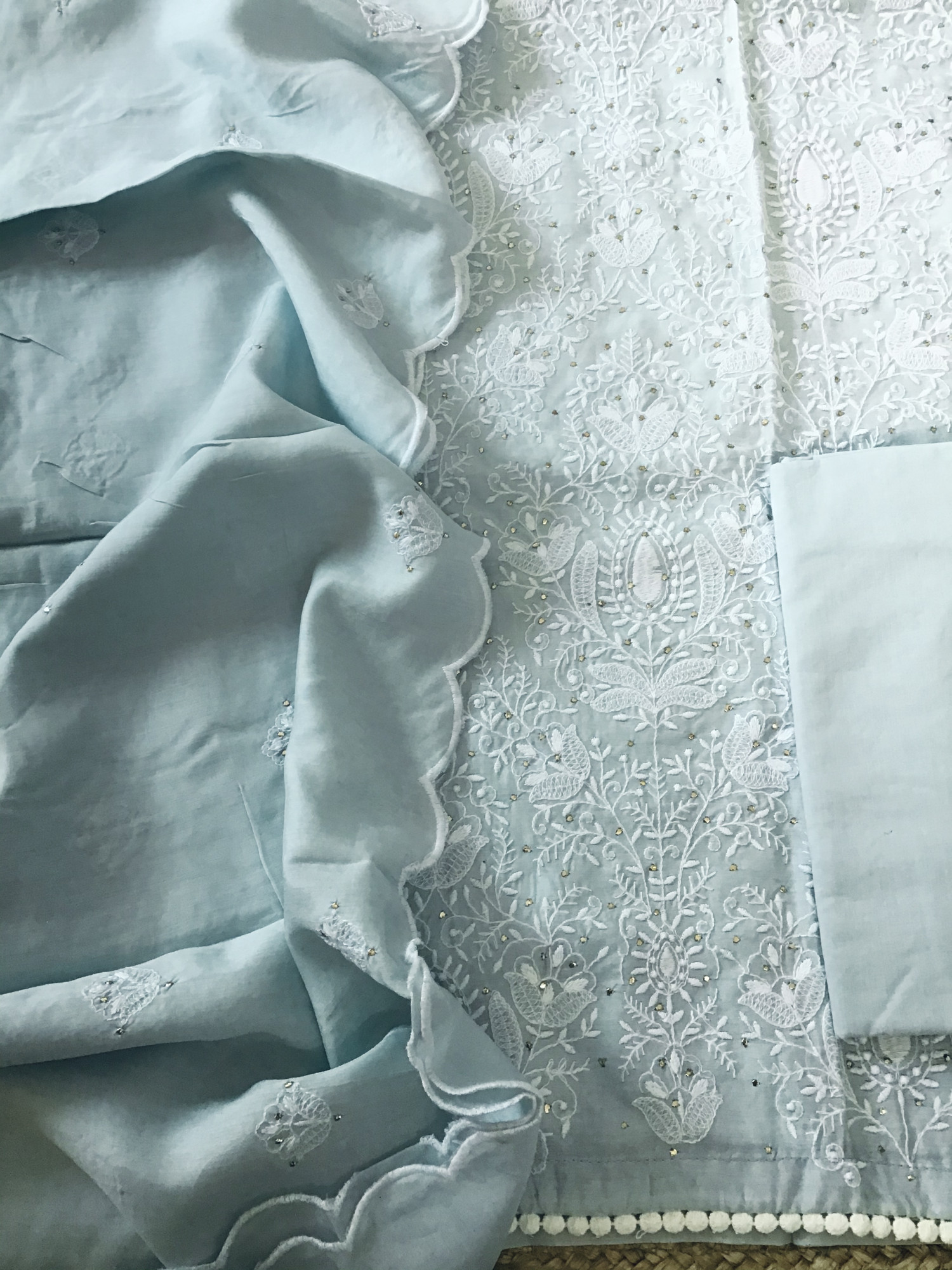 Pure Muslin Embroidered Suit - Grey