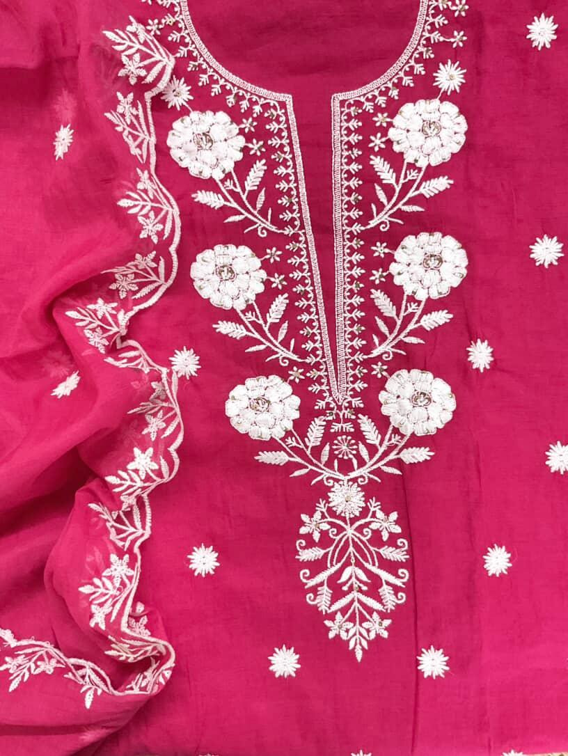 Pure Chanderi Embroidered Suit - Pink