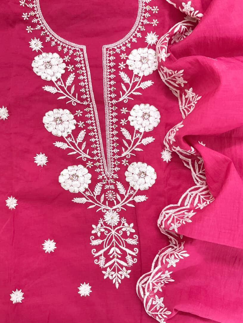 Pure Chanderi Embroidered Suit - Pink