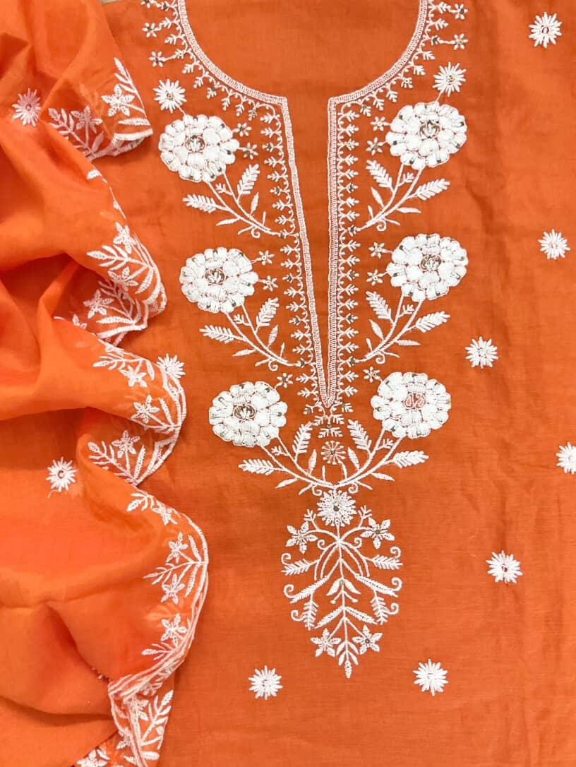 Pure Chanderi Embroidered Suit - Orange