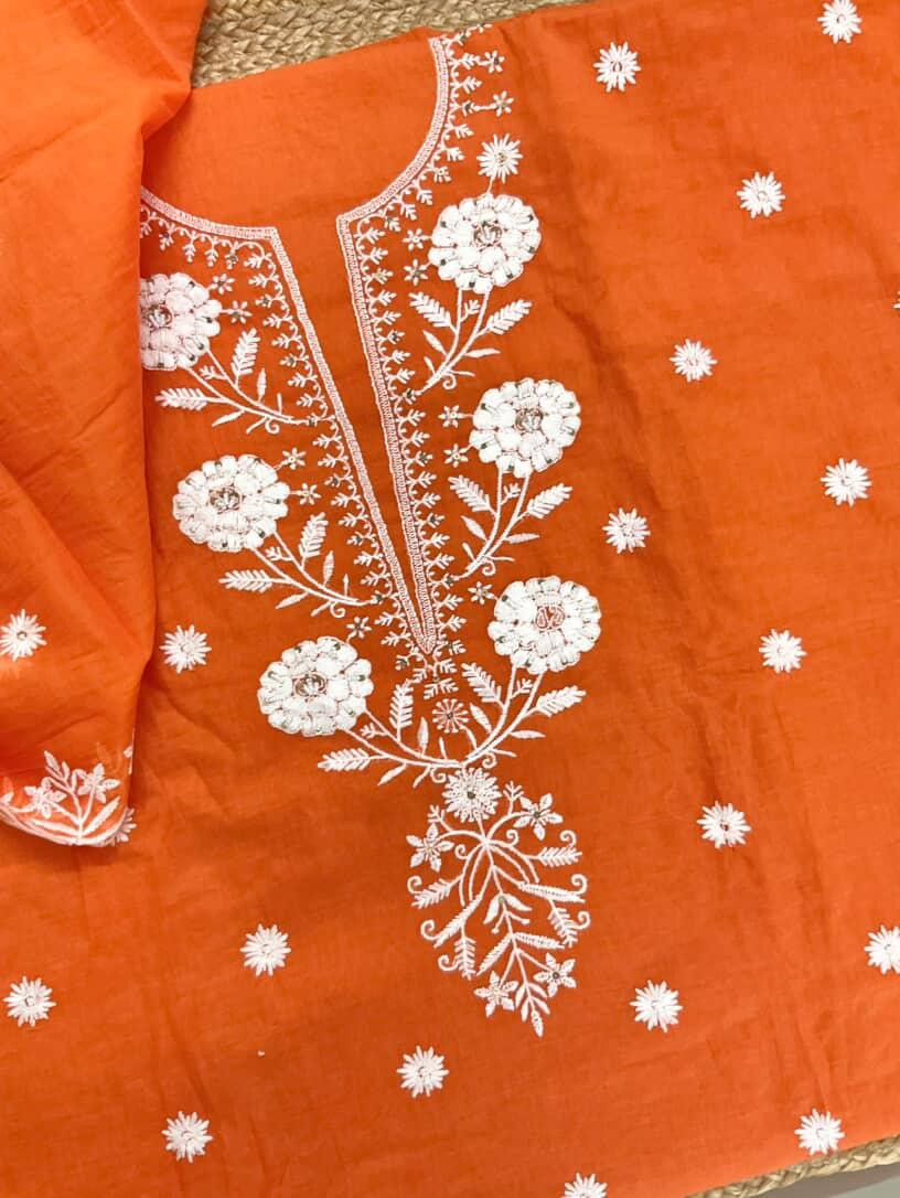 Pure Chanderi Embroidered Suit - Orange