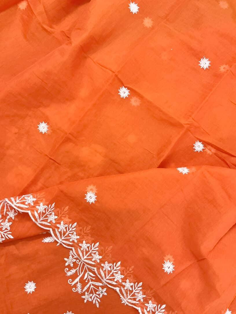 Pure Chanderi Embroidered Suit - Orange