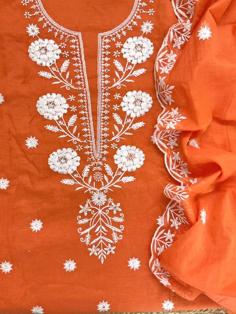 Pure Chanderi Embroidered Suit - Orange
