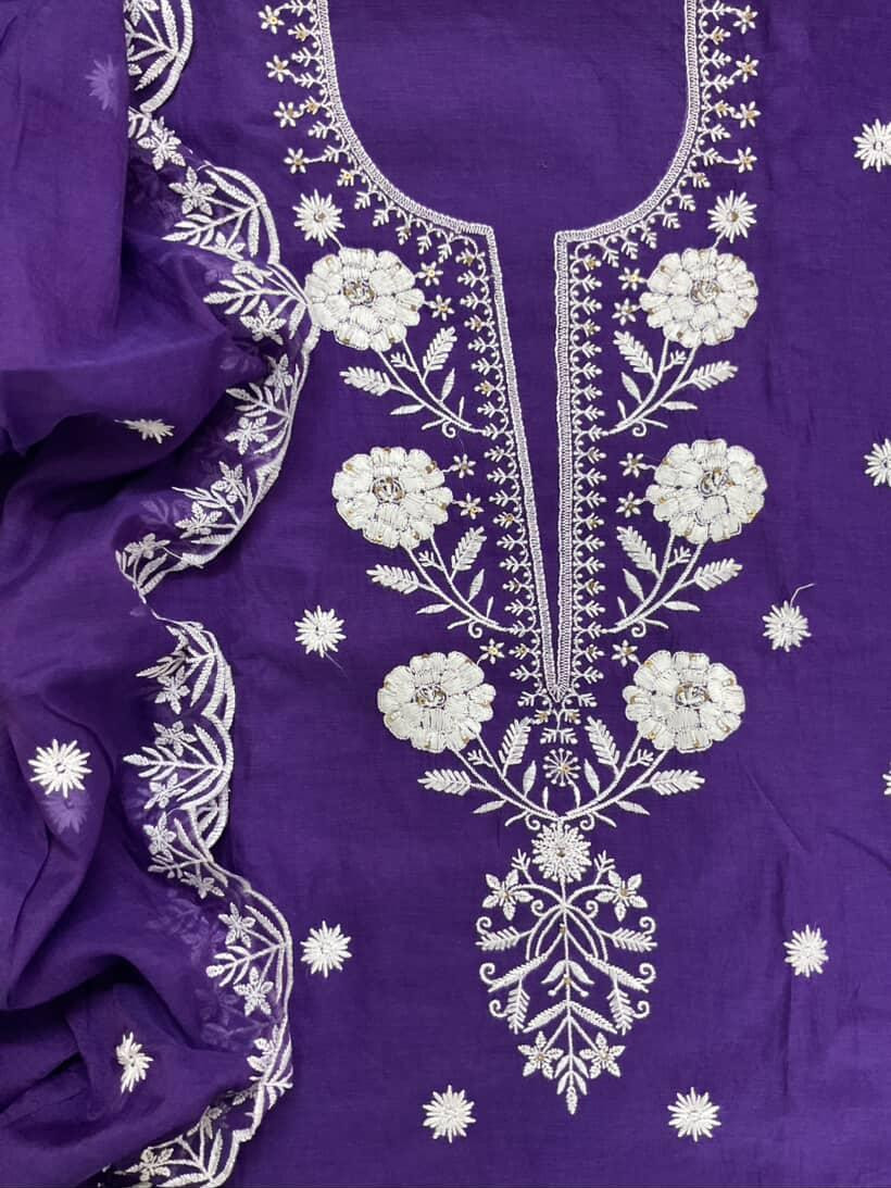 Pure Chanderi Embroidered Suit - Violet