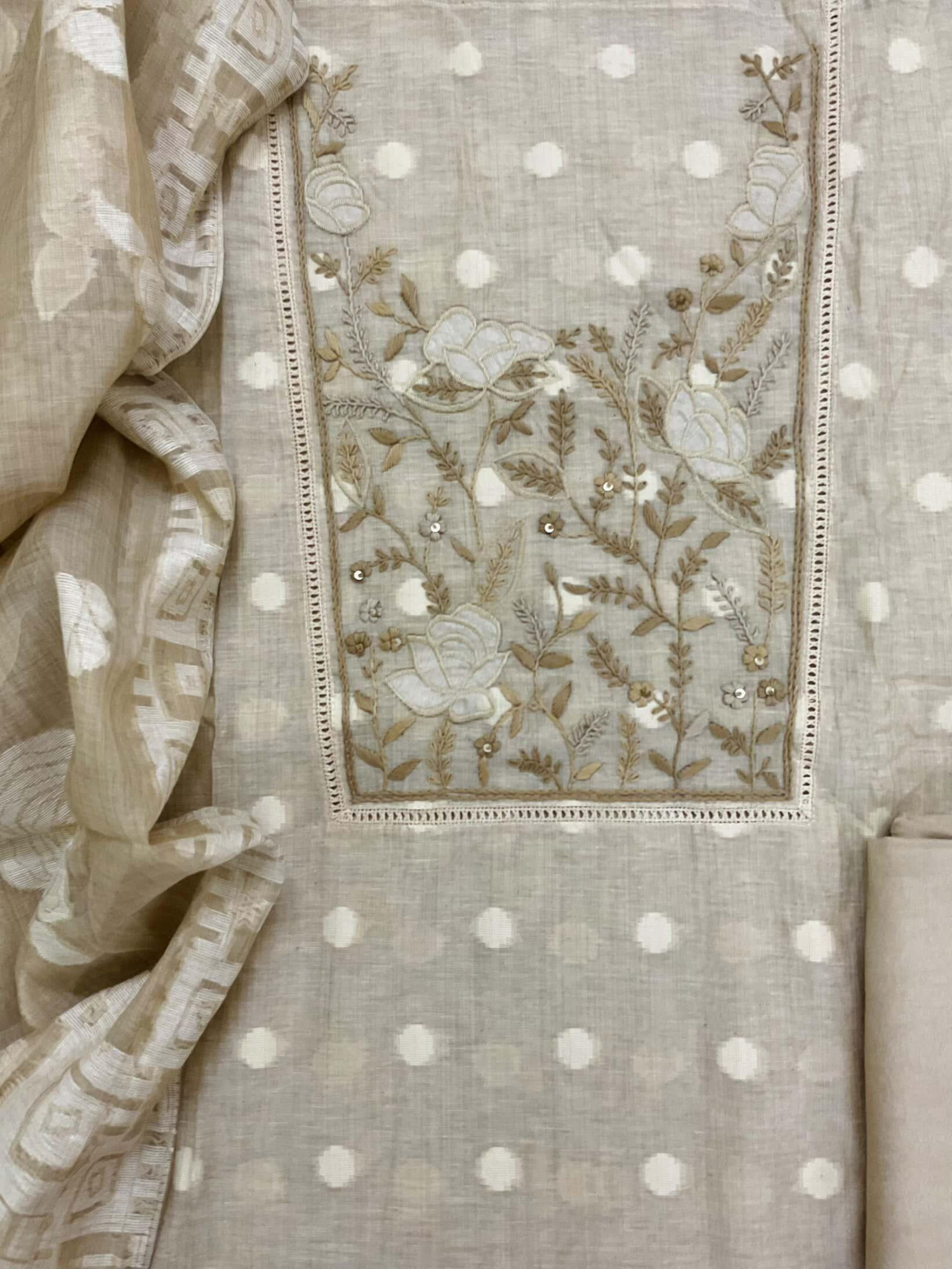 Pure Slub Chanderi Jamdani Weaved Embroidered Suit - Beige