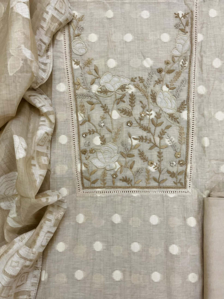 Image of Pure Slub Chanderi Jamdani Weaved Embroidered Suit - Beige
