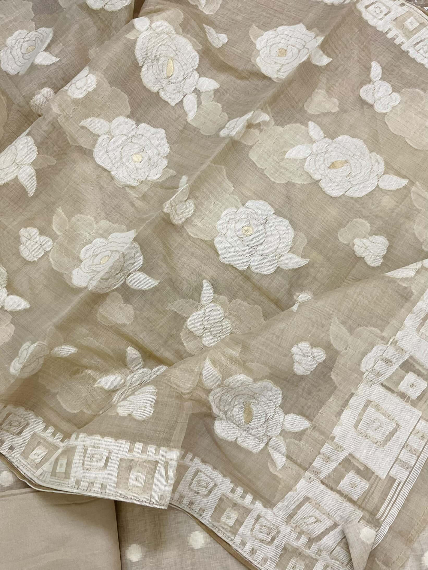 Pure Slub Chanderi Jamdani Weaved Embroidered Suit - Beige