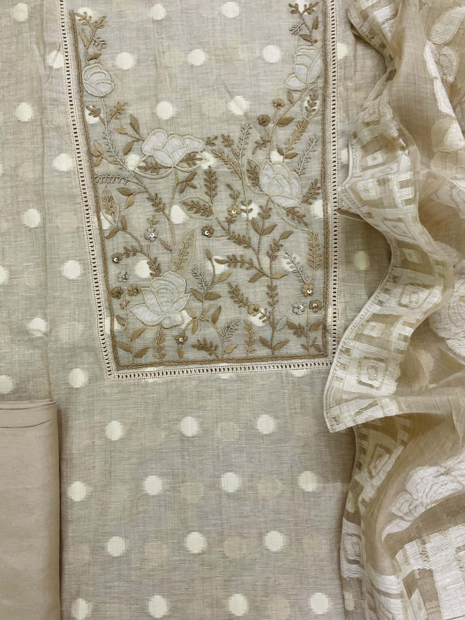 Pure Slub Chanderi Jamdani Weaved Embroidered Suit - Beige