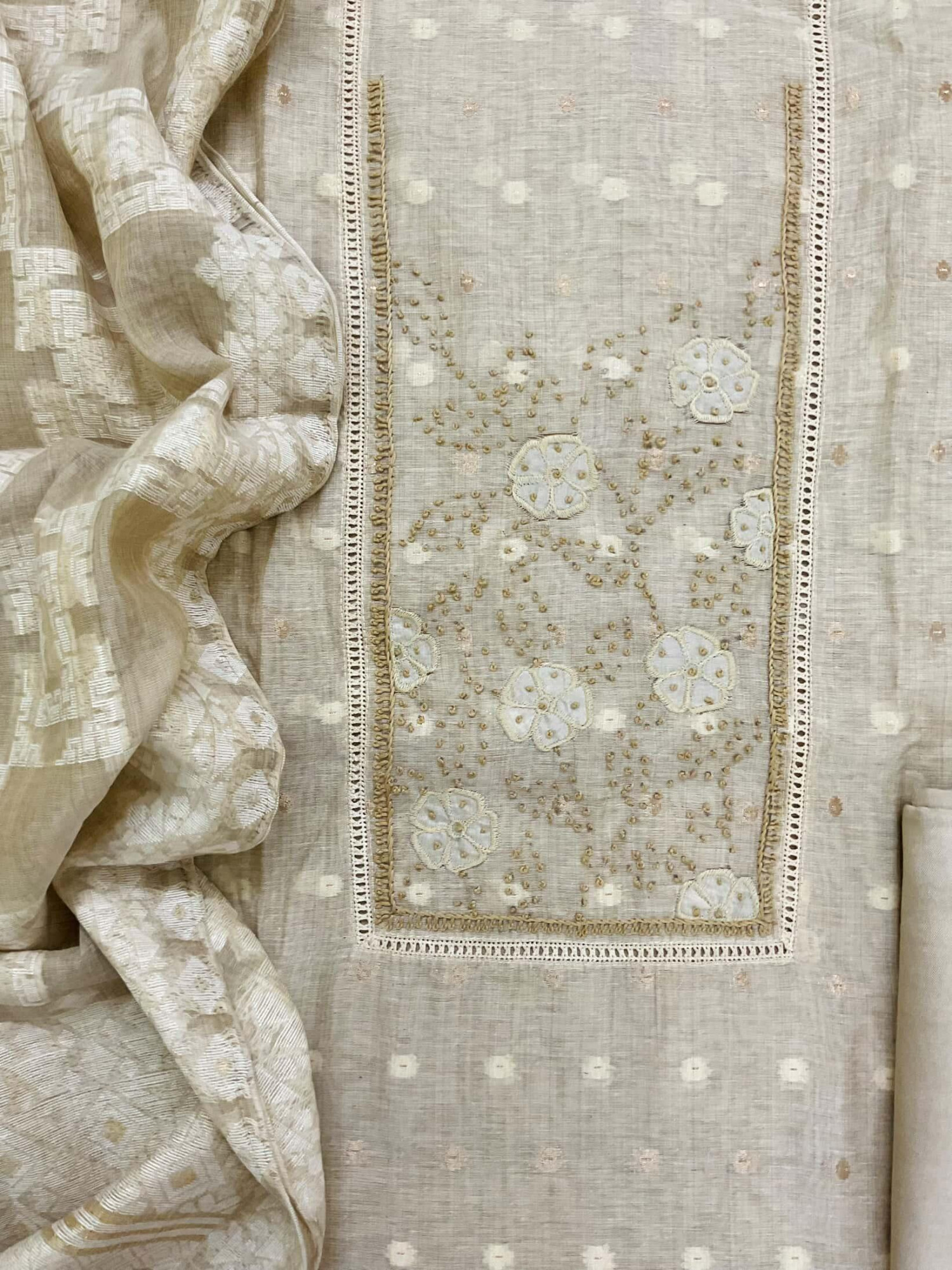 Pure Slub Chanderi Jamdani Weaved Embroidered Suit - Beige