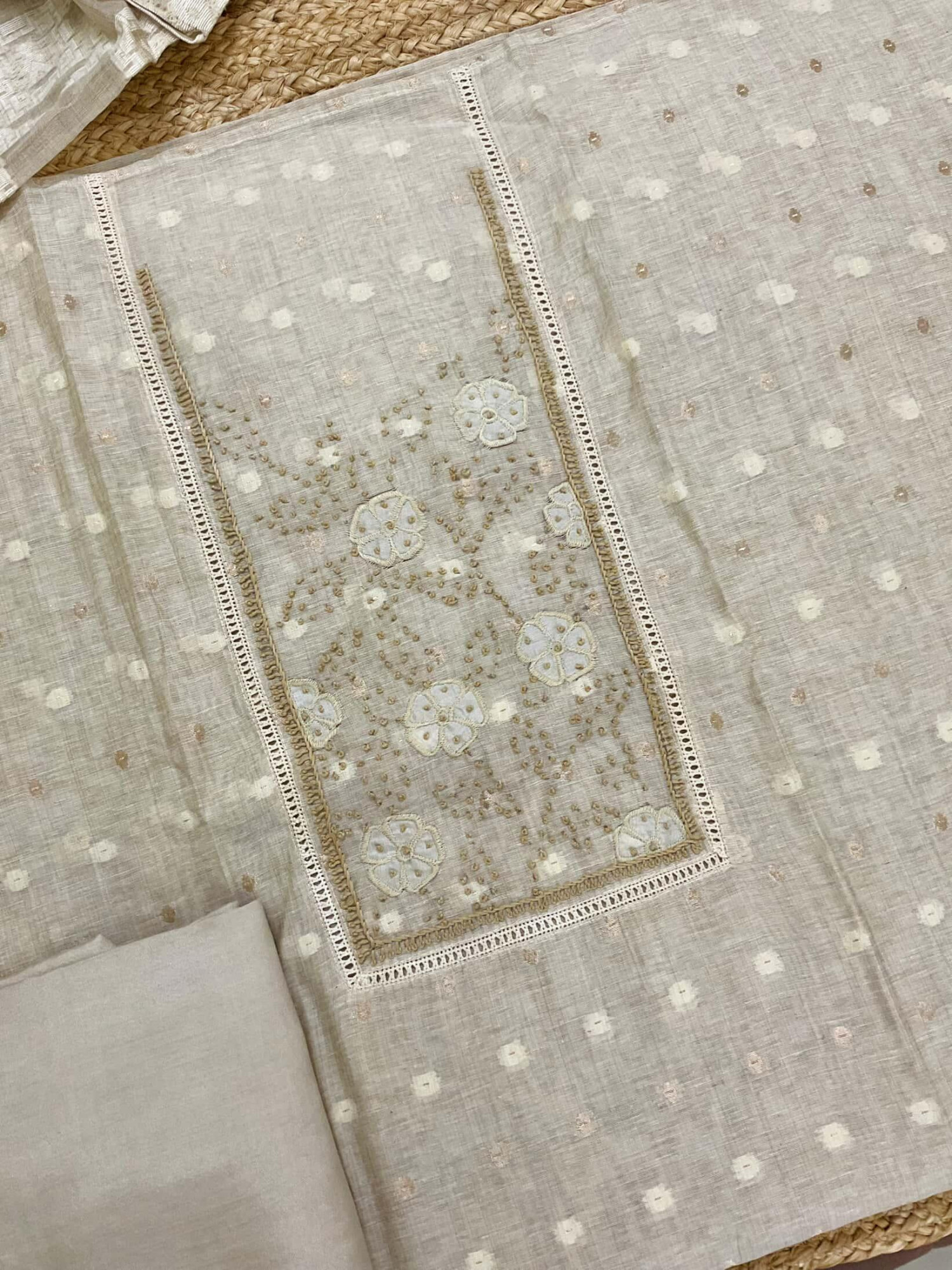Pure Slub Chanderi Jamdani Weaved Embroidered Suit - Beige