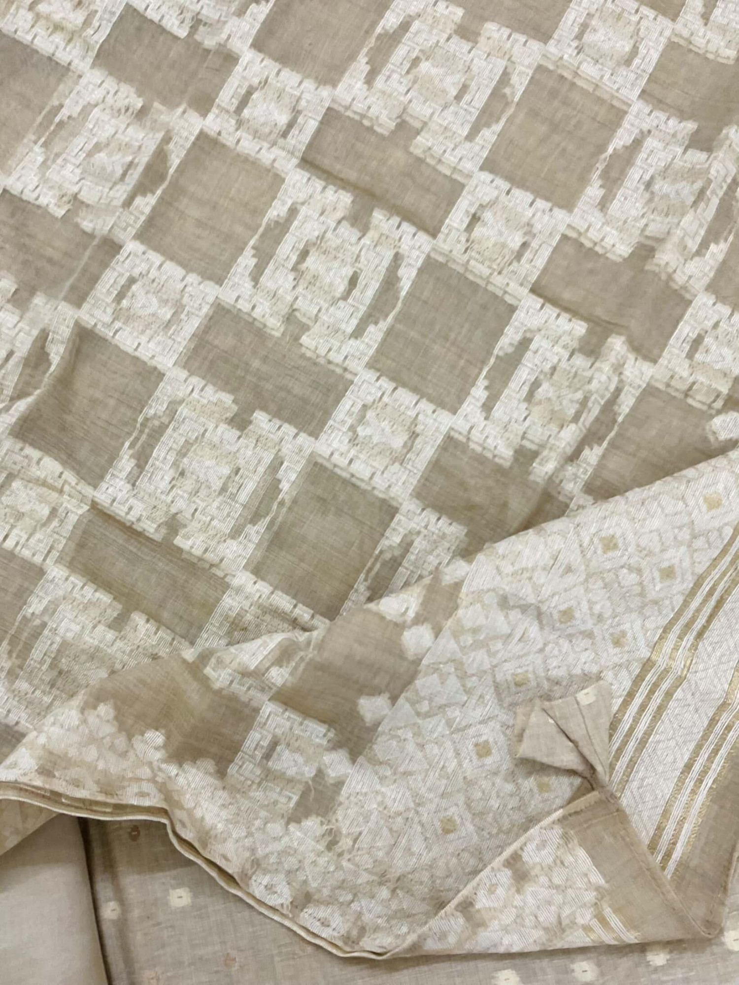 Pure Slub Chanderi Jamdani Weaved Embroidered Suit - Beige