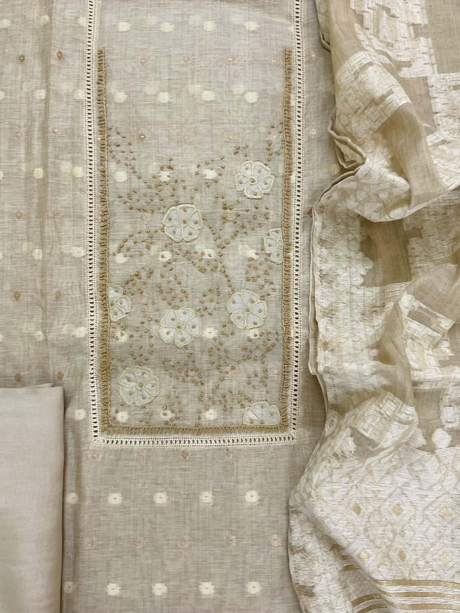 Pure Slub Chanderi Jamdani Weaved Embroidered Suit - Beige