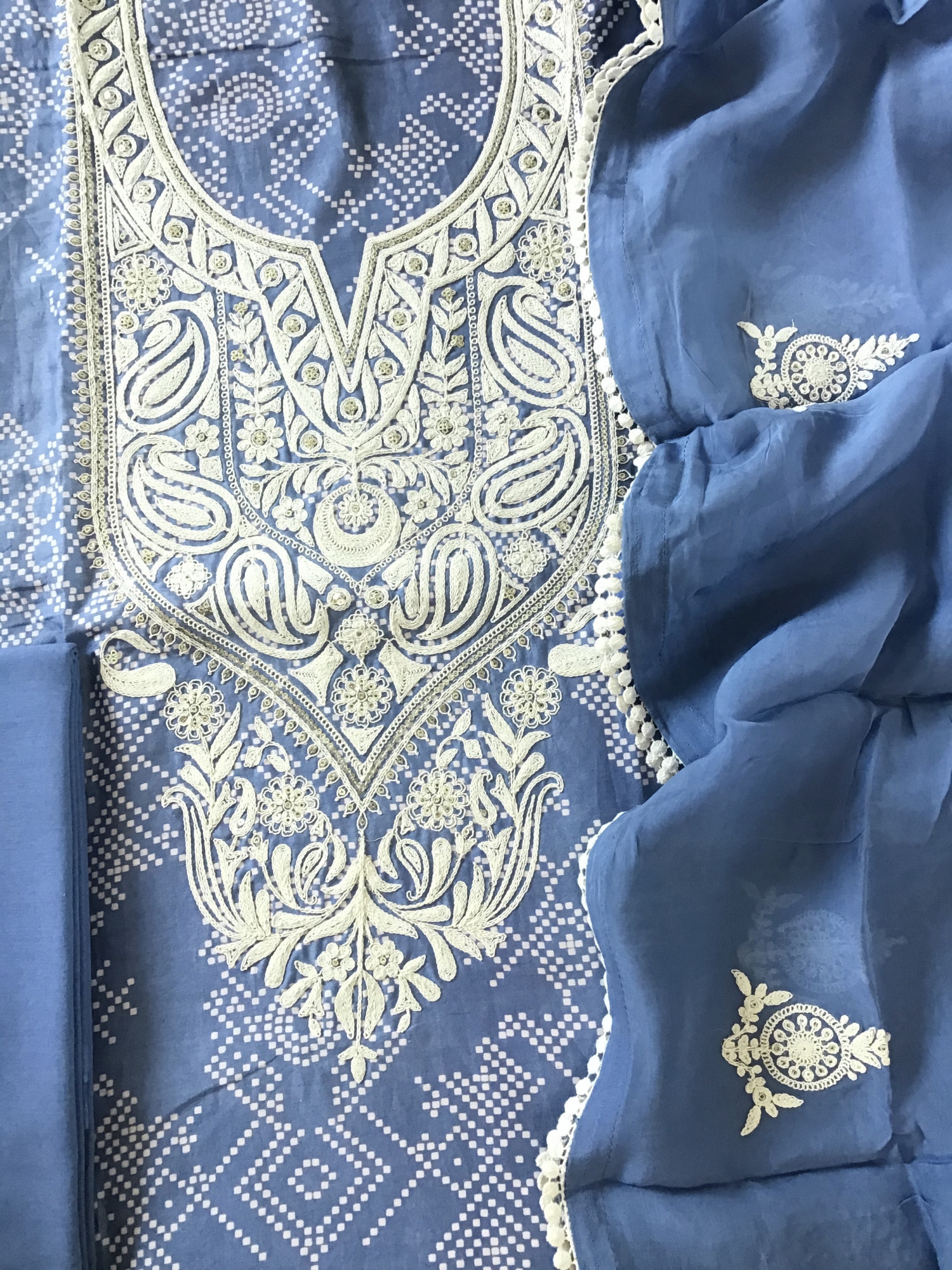 Pure Muslin Silk Printed Embroidered Suit - Blue