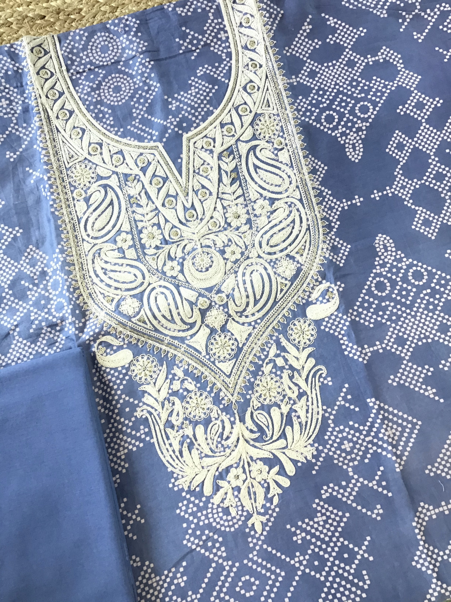 Pure Muslin Silk Printed Embroidered Suit - Blue