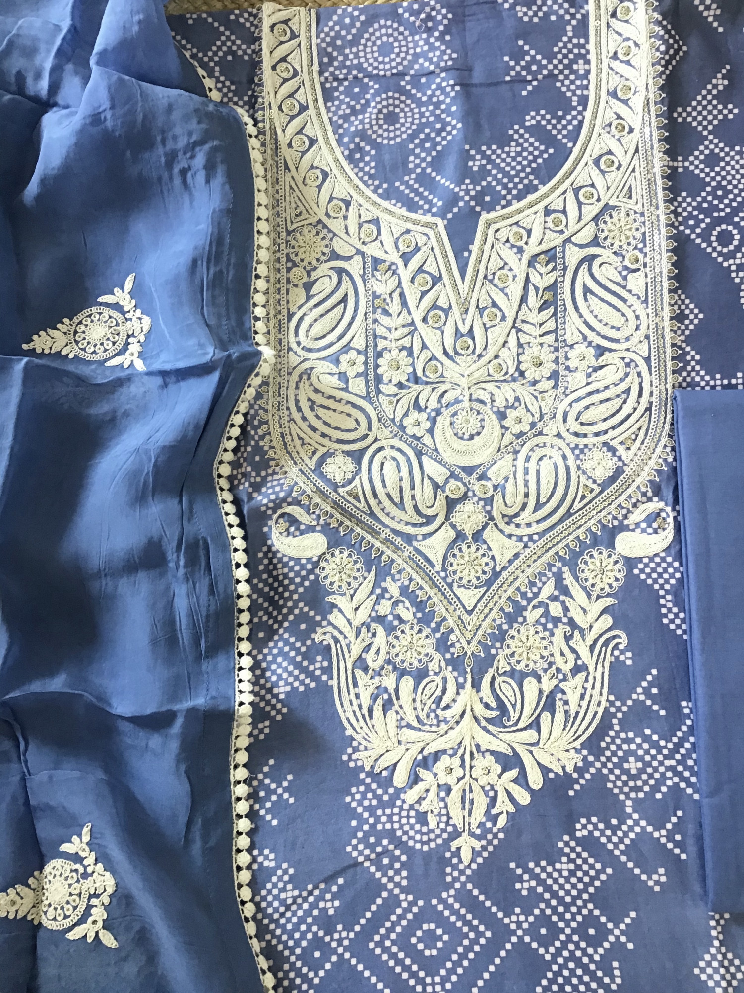 Pure Muslin Silk Printed Embroidered Suit - Blue