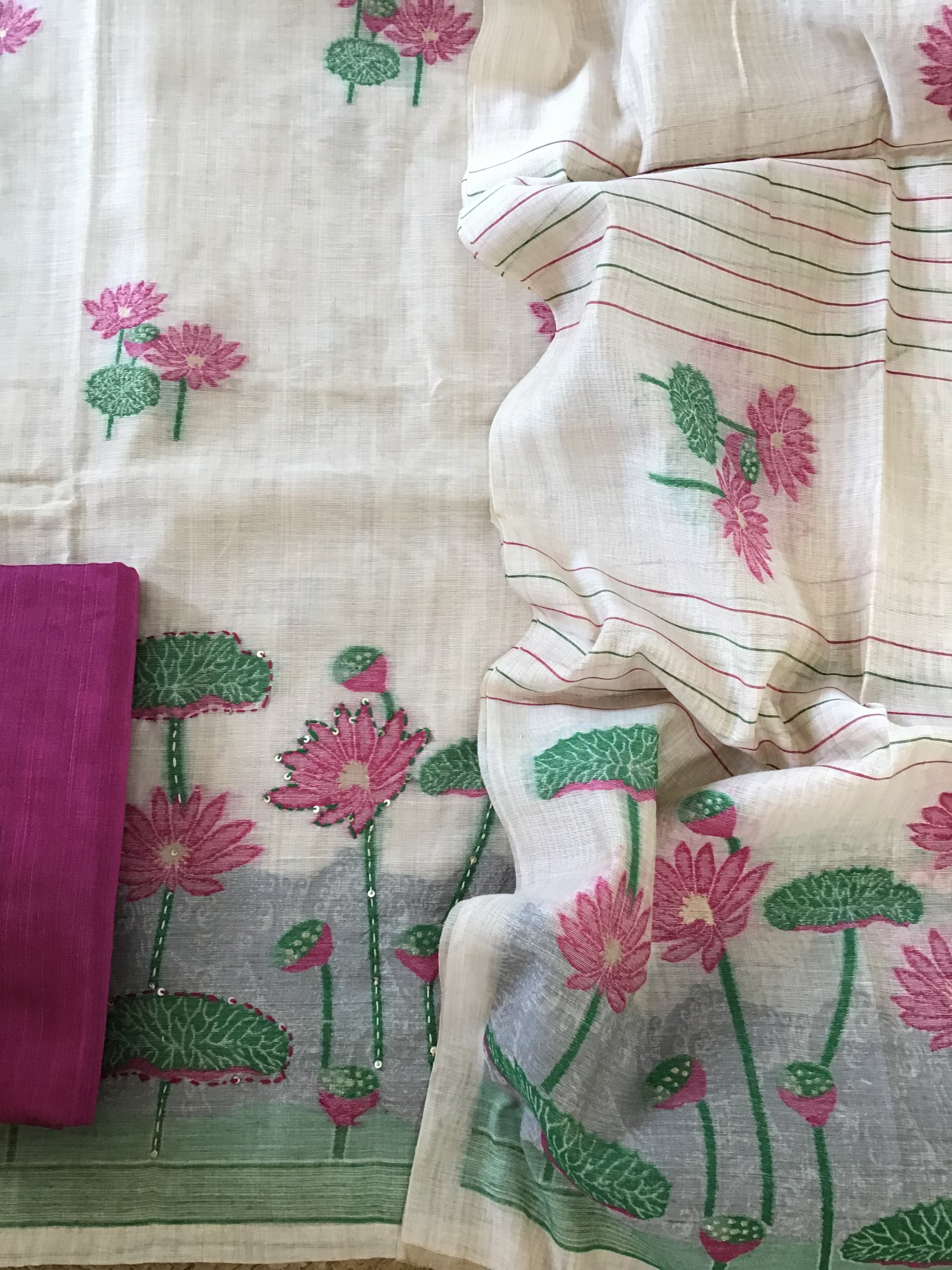 Soft Slub Chanderi Printed Embroidered Suit - Beige