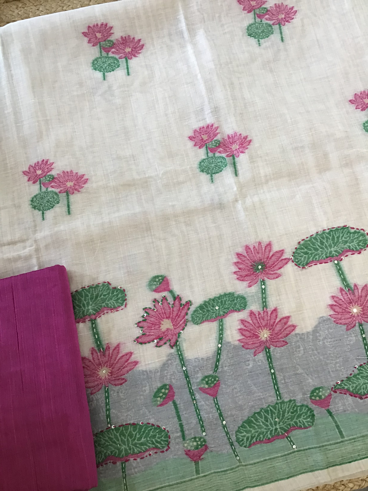 Soft Slub Chanderi Printed Embroidered Suit - Beige