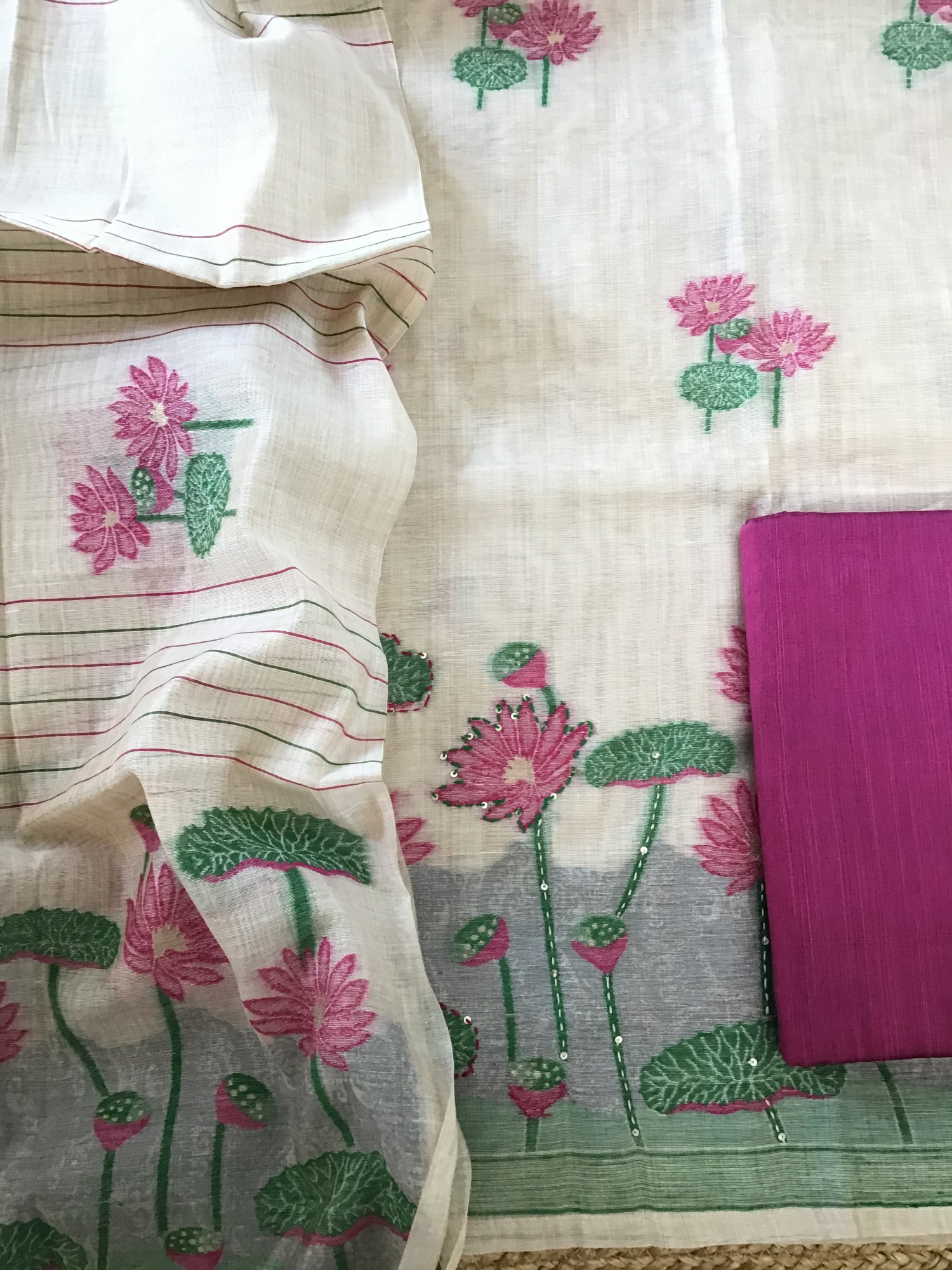 Soft Slub Chanderi Printed Embroidered Suit - Beige