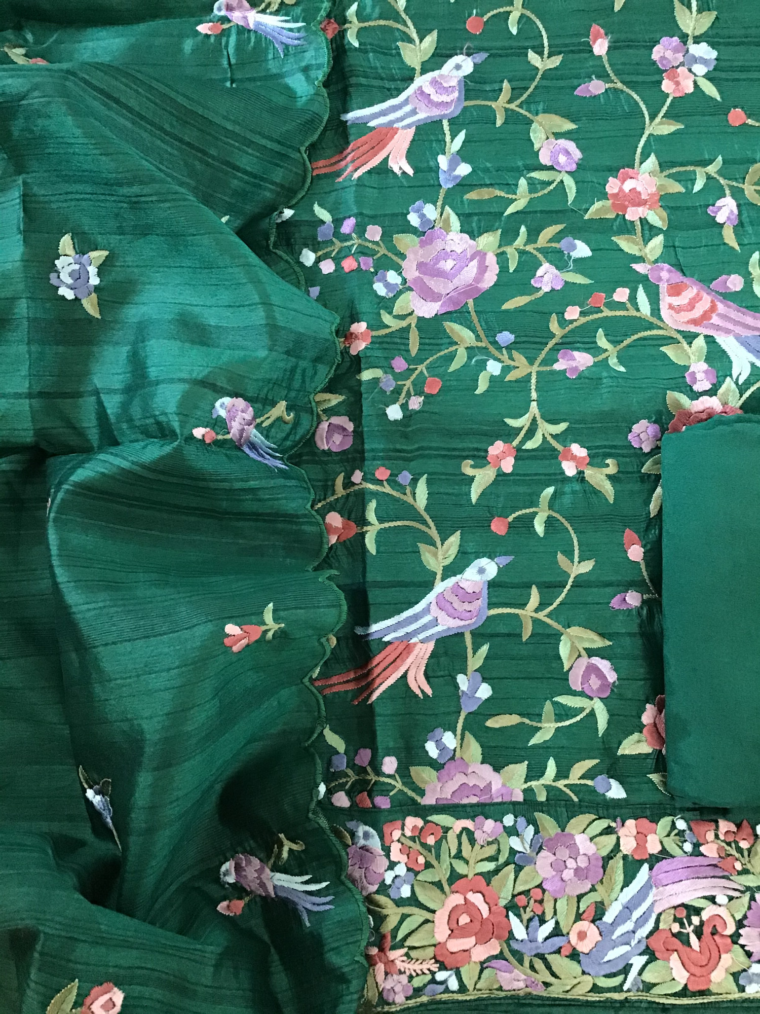 Soft Semi Tussar Embroidered Suit - Green