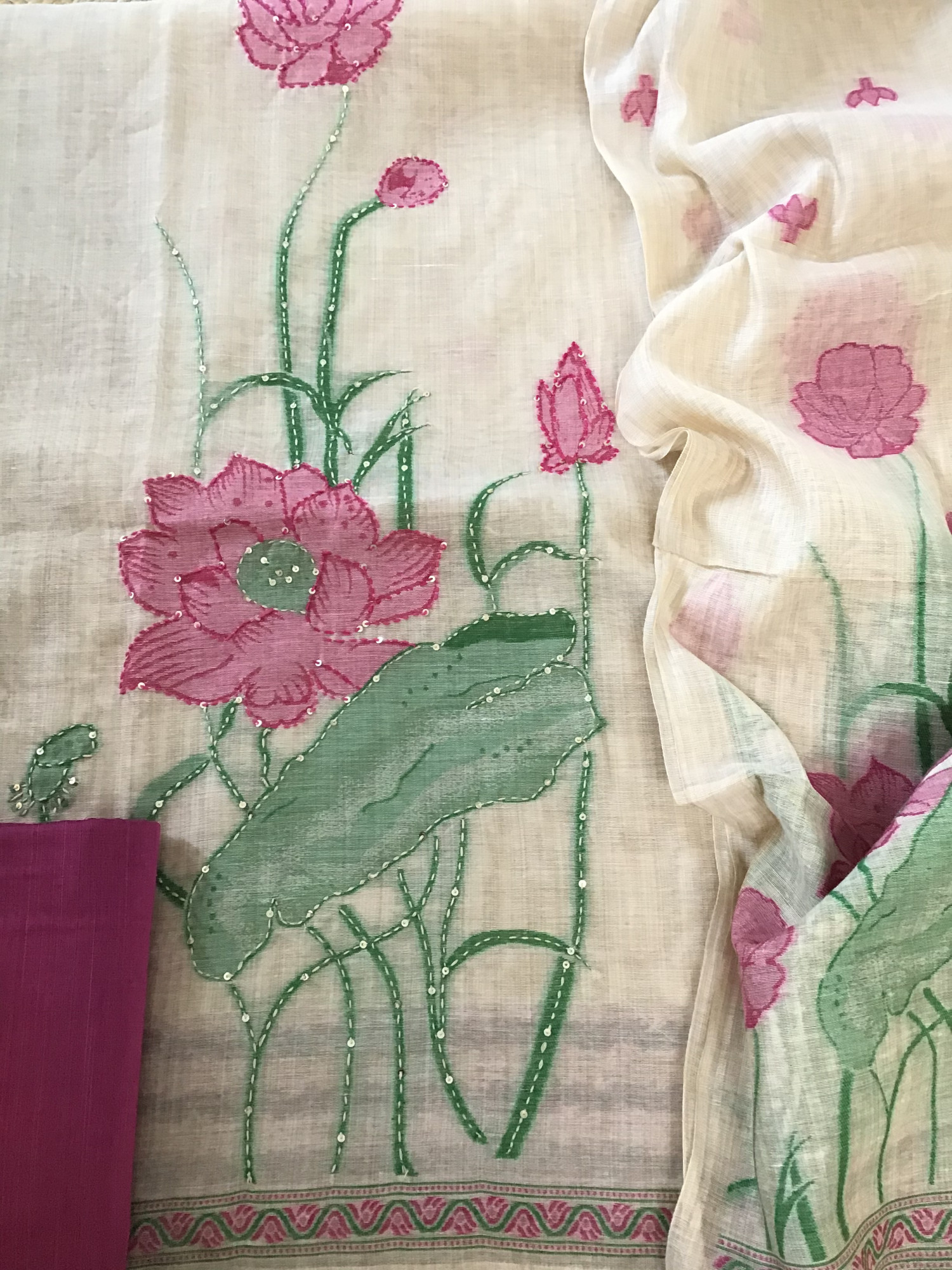 Soft Slub Chanderi Printed Embroidered Suit - Beige