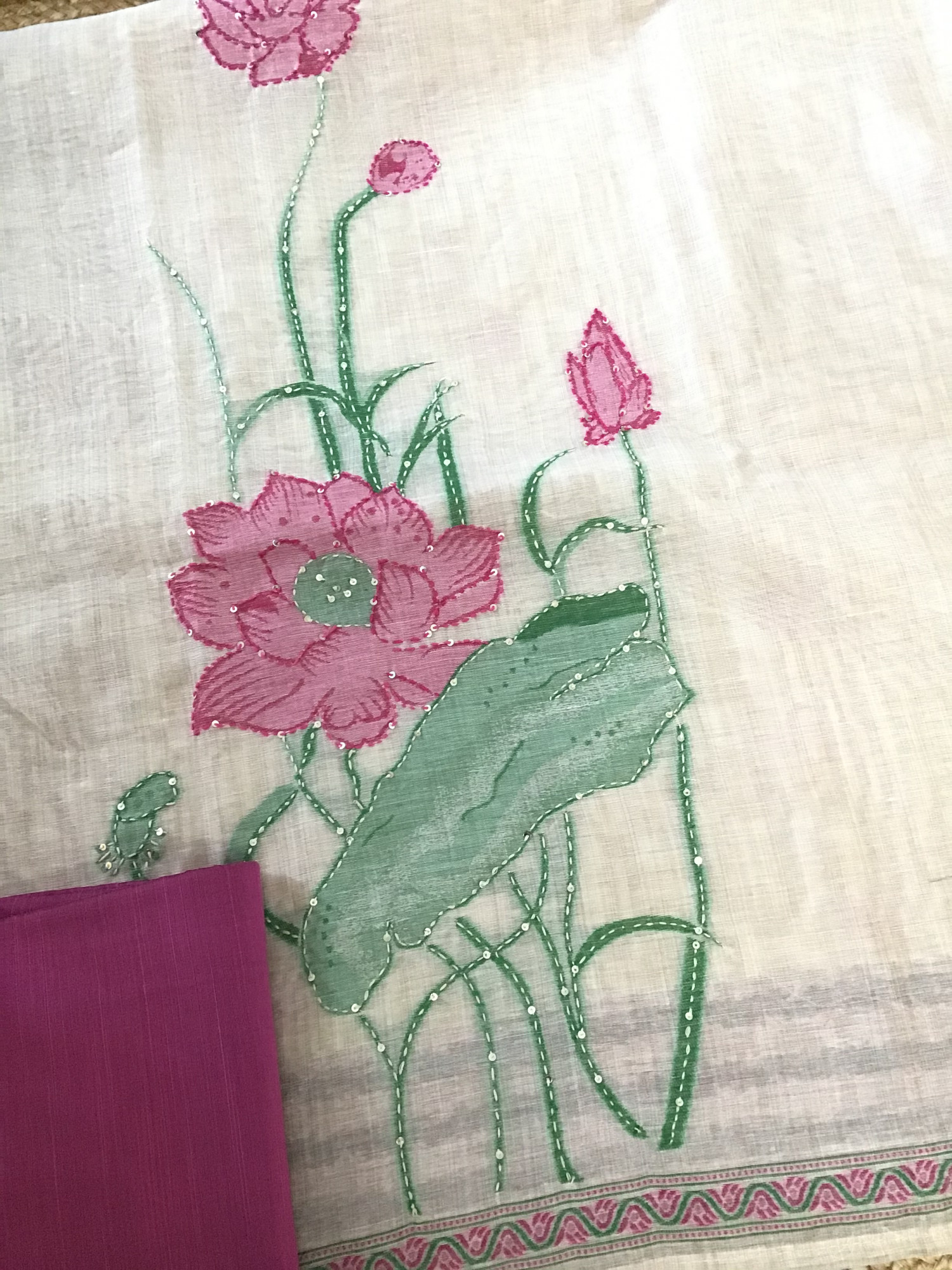 Soft Slub Chanderi Printed Embroidered Suit - Beige