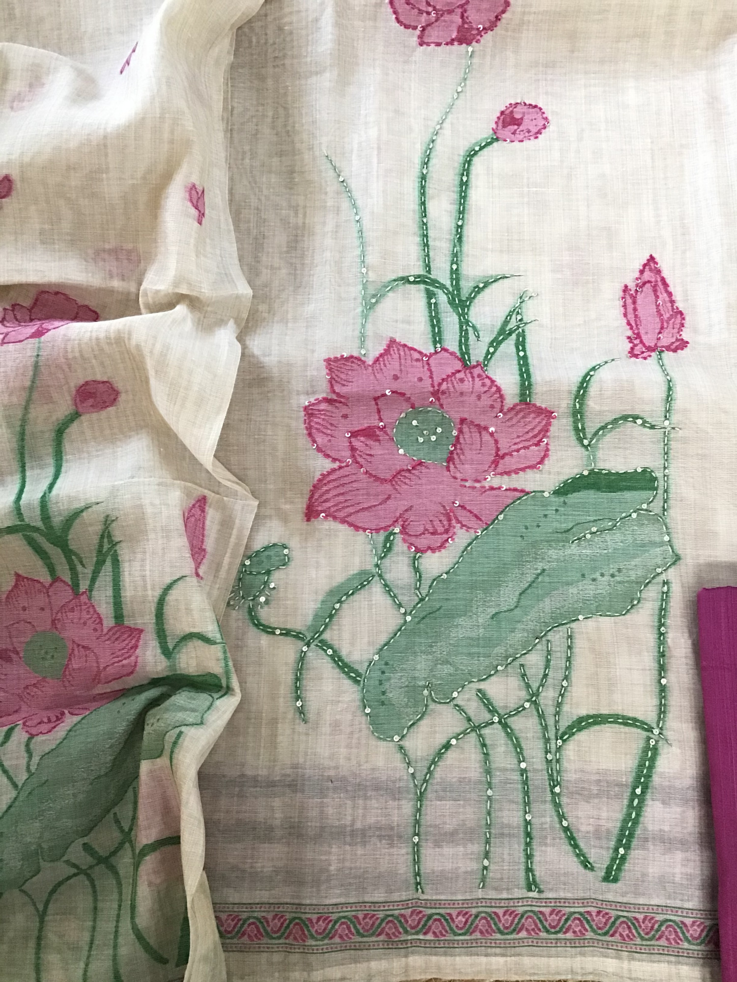 Soft Slub Chanderi Printed Embroidered Suit - Beige