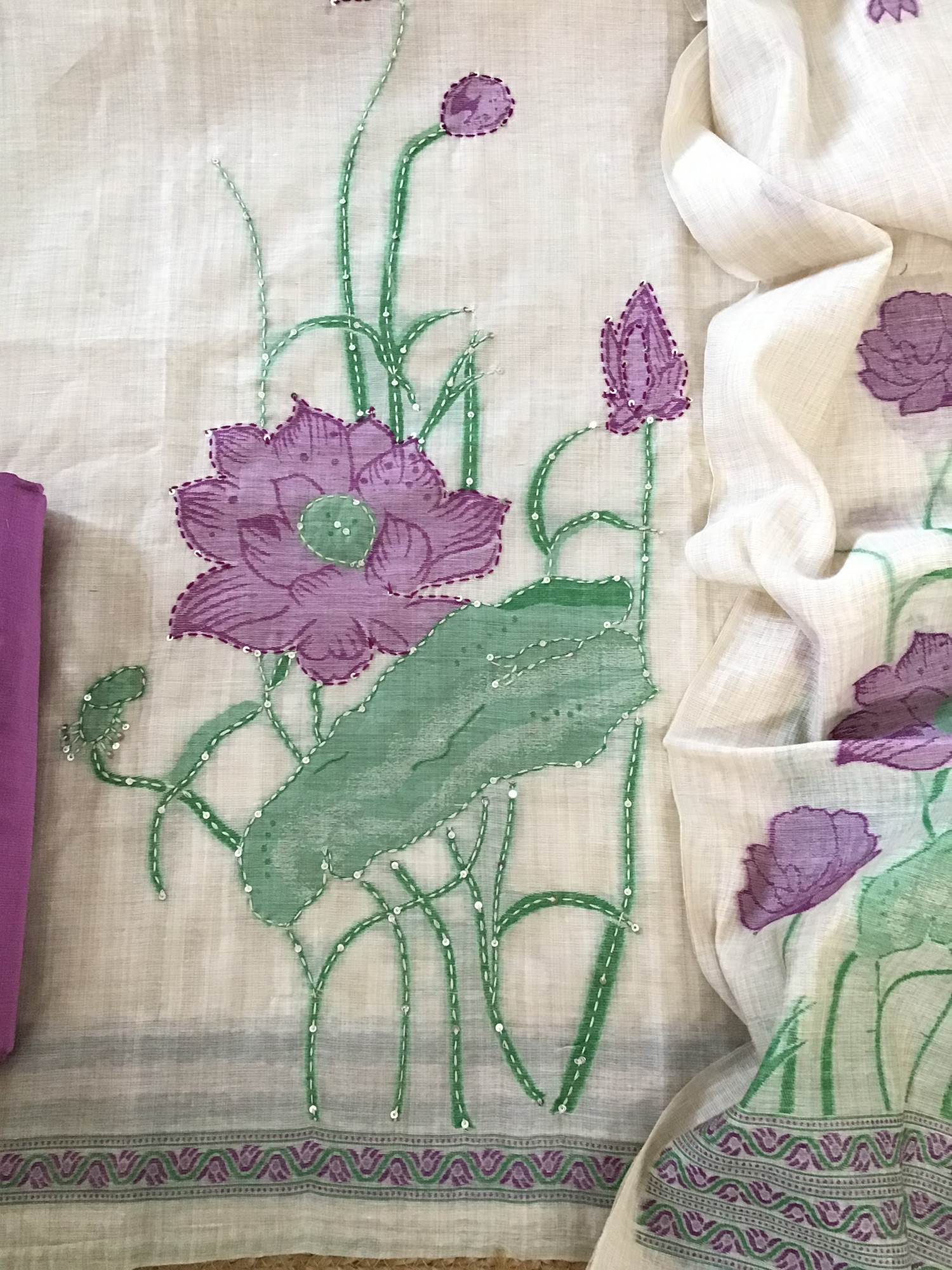 Soft Slub Chanderi Printed Embroidered Suit - Beige