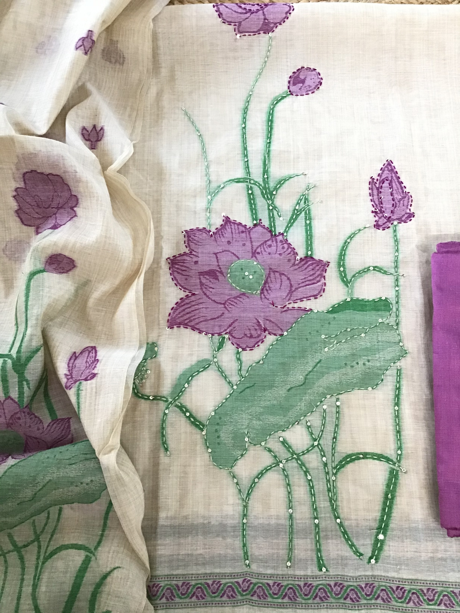 Soft Slub Chanderi Printed Embroidered Suit - Beige