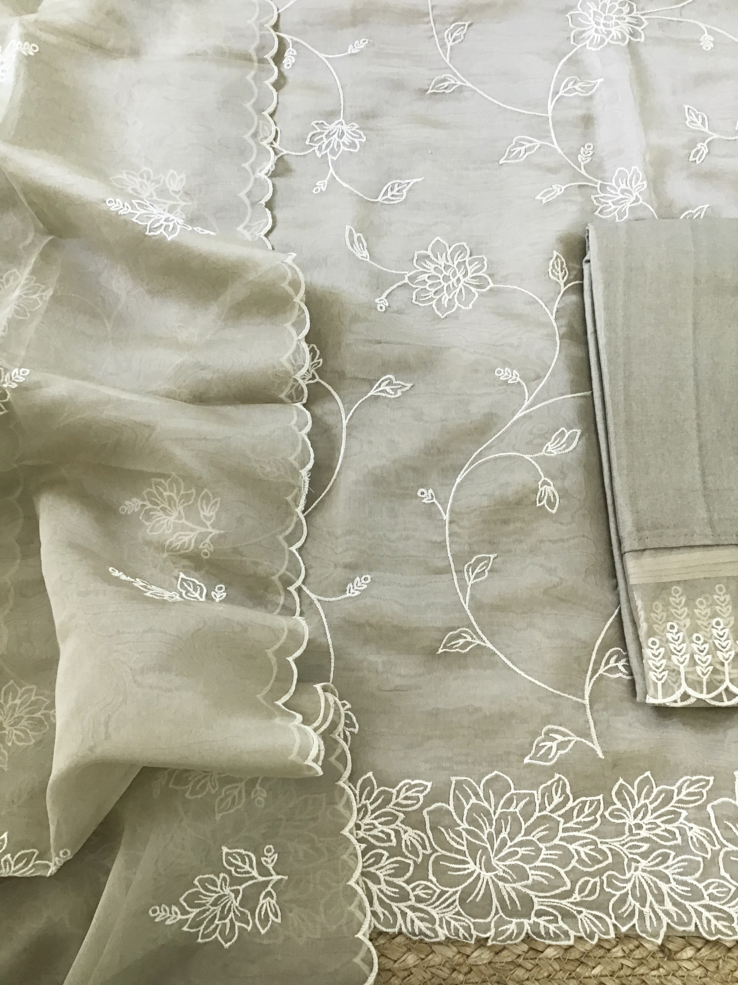 Soft Organza Embroidered Suit - Beige