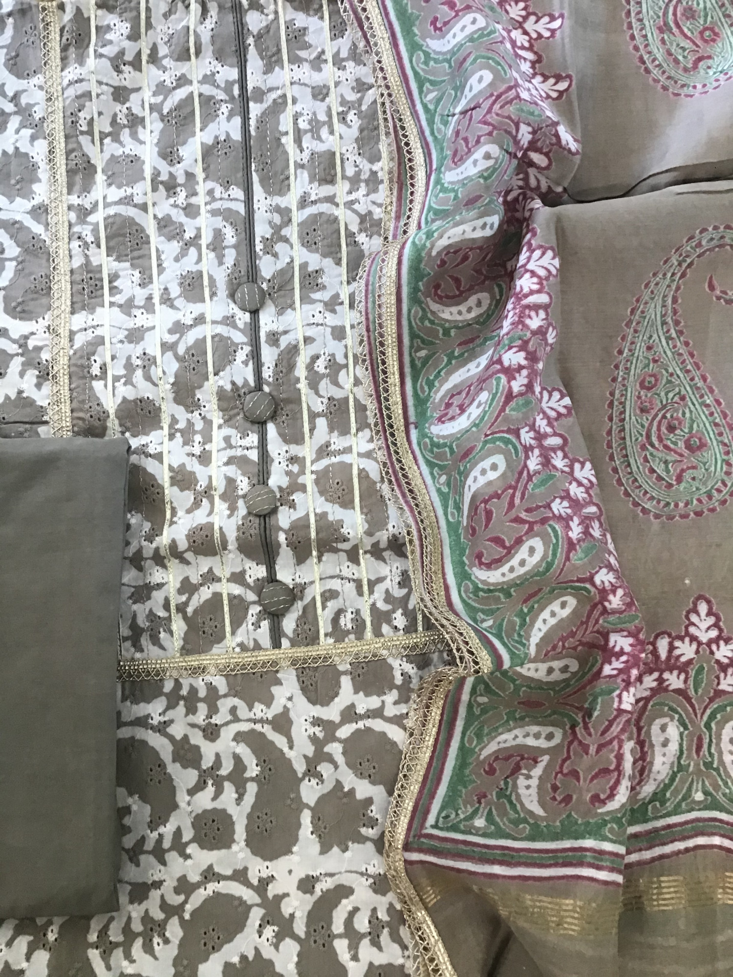 Pure Cotton Printed Embroidered Suit - Beigish Grey