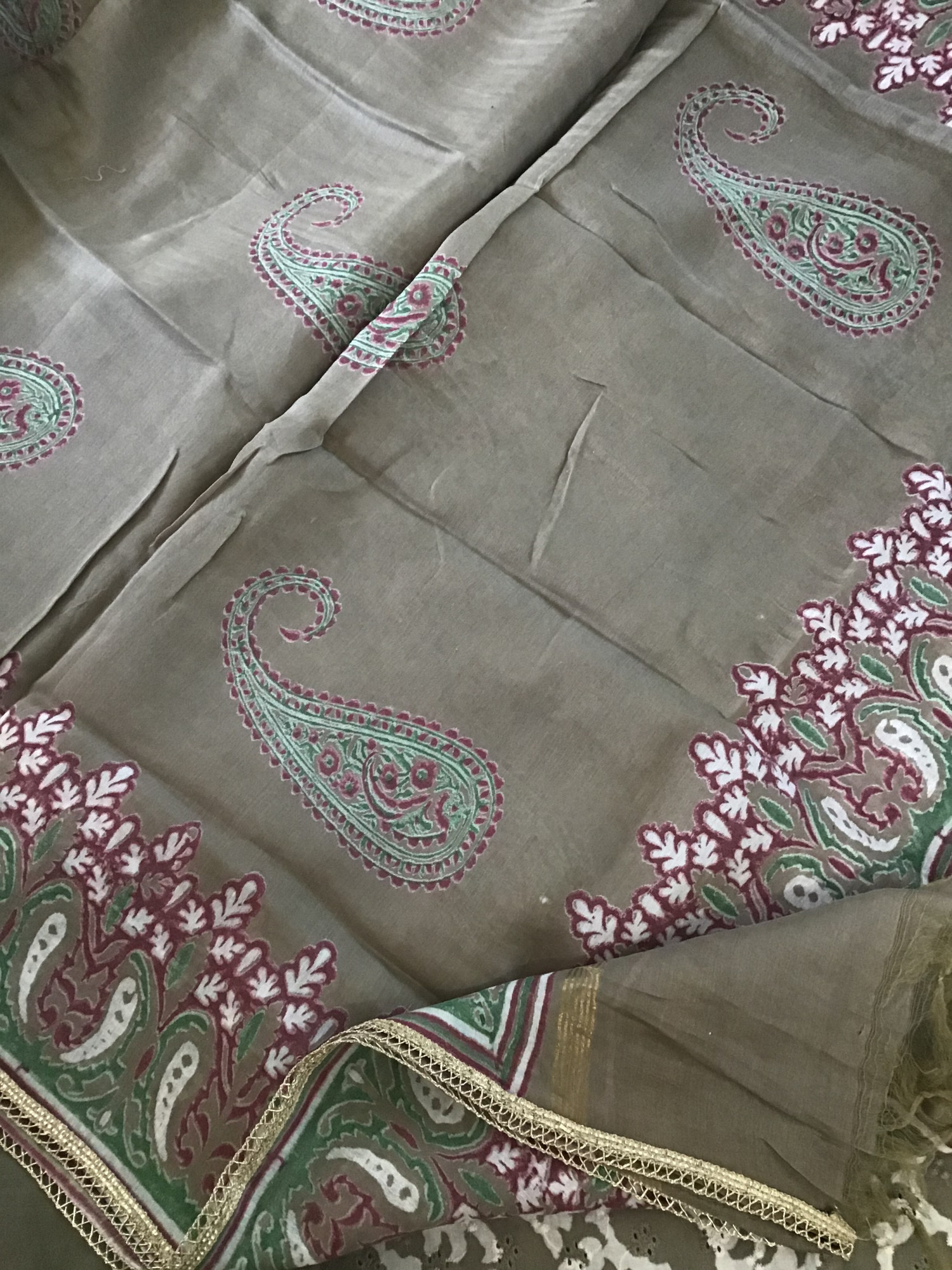 Pure Cotton Printed Embroidered Suit - Beigish Grey