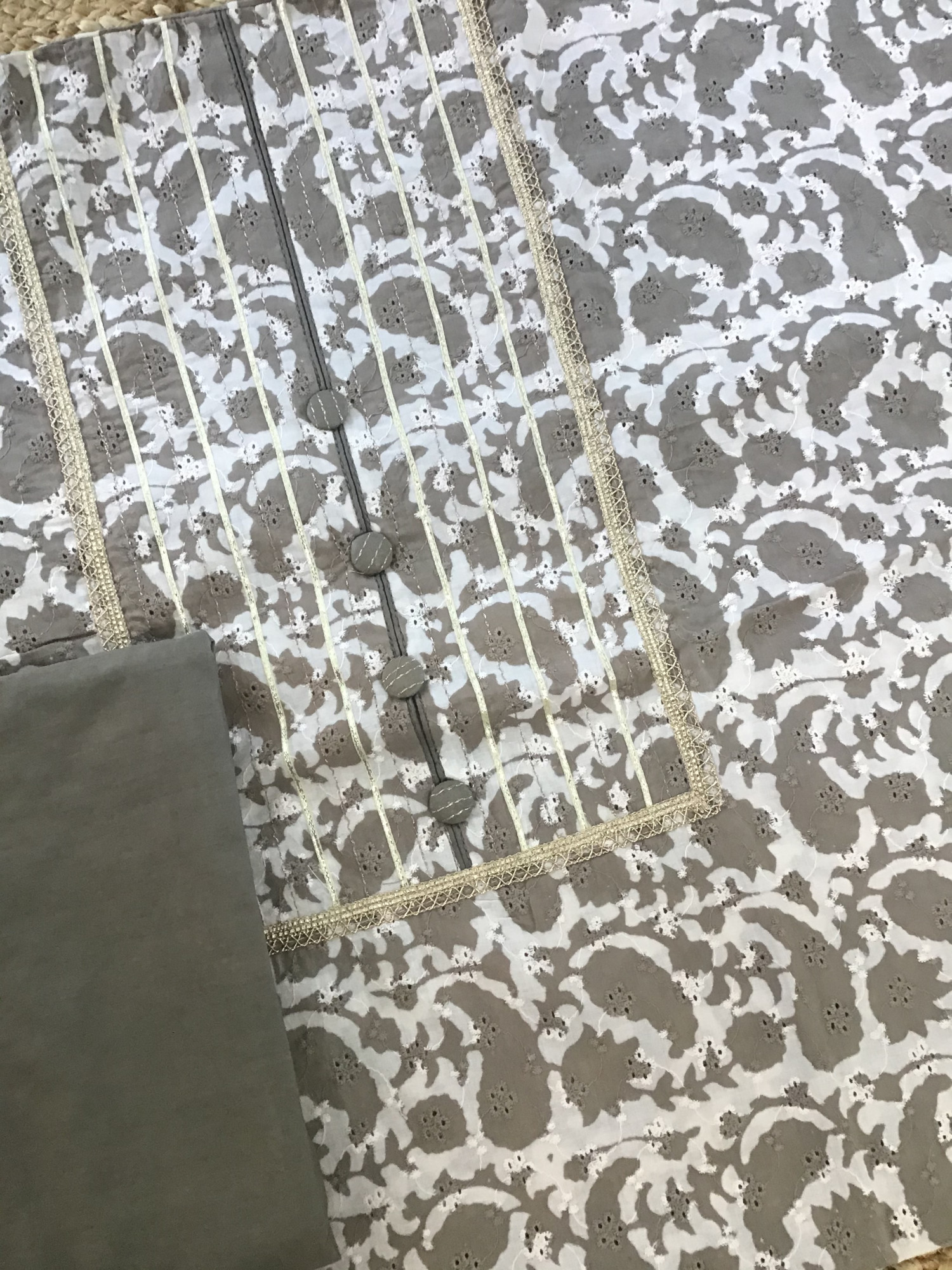 Pure Cotton Printed Embroidered Suit - Beigish Grey