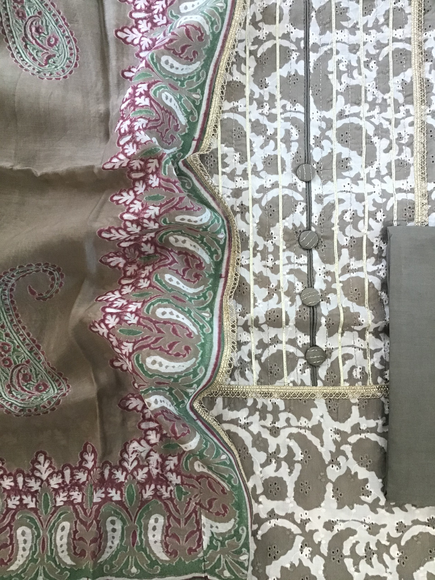 Pure Cotton Printed Embroidered Suit - Beigish Grey