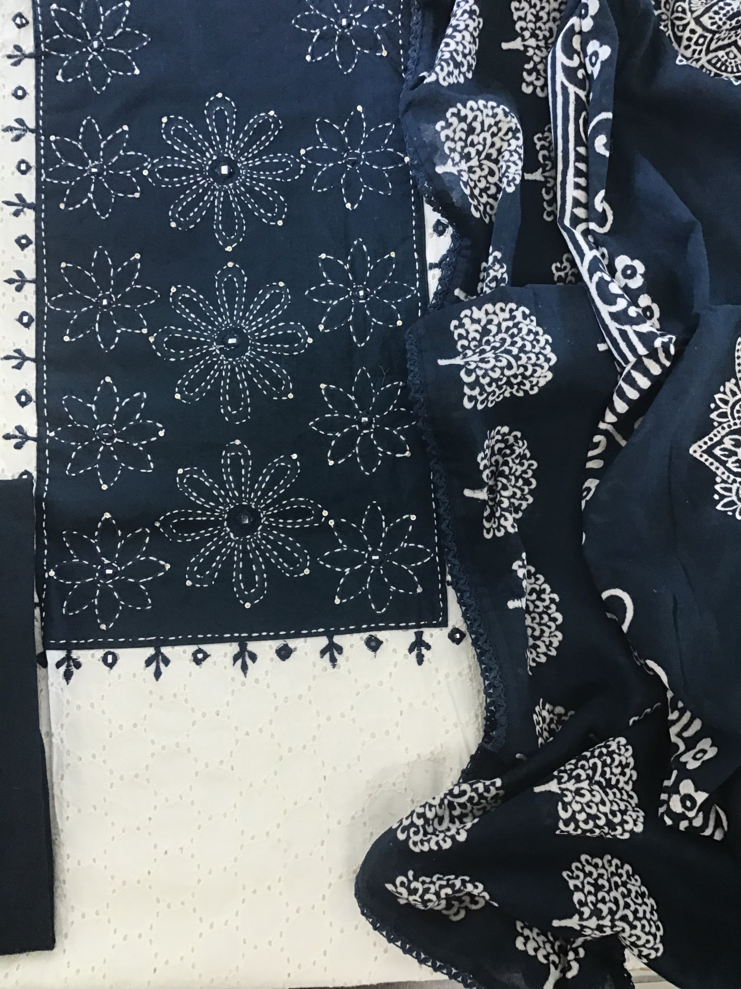 Pure Cotton Printed Embroidered Suit - White