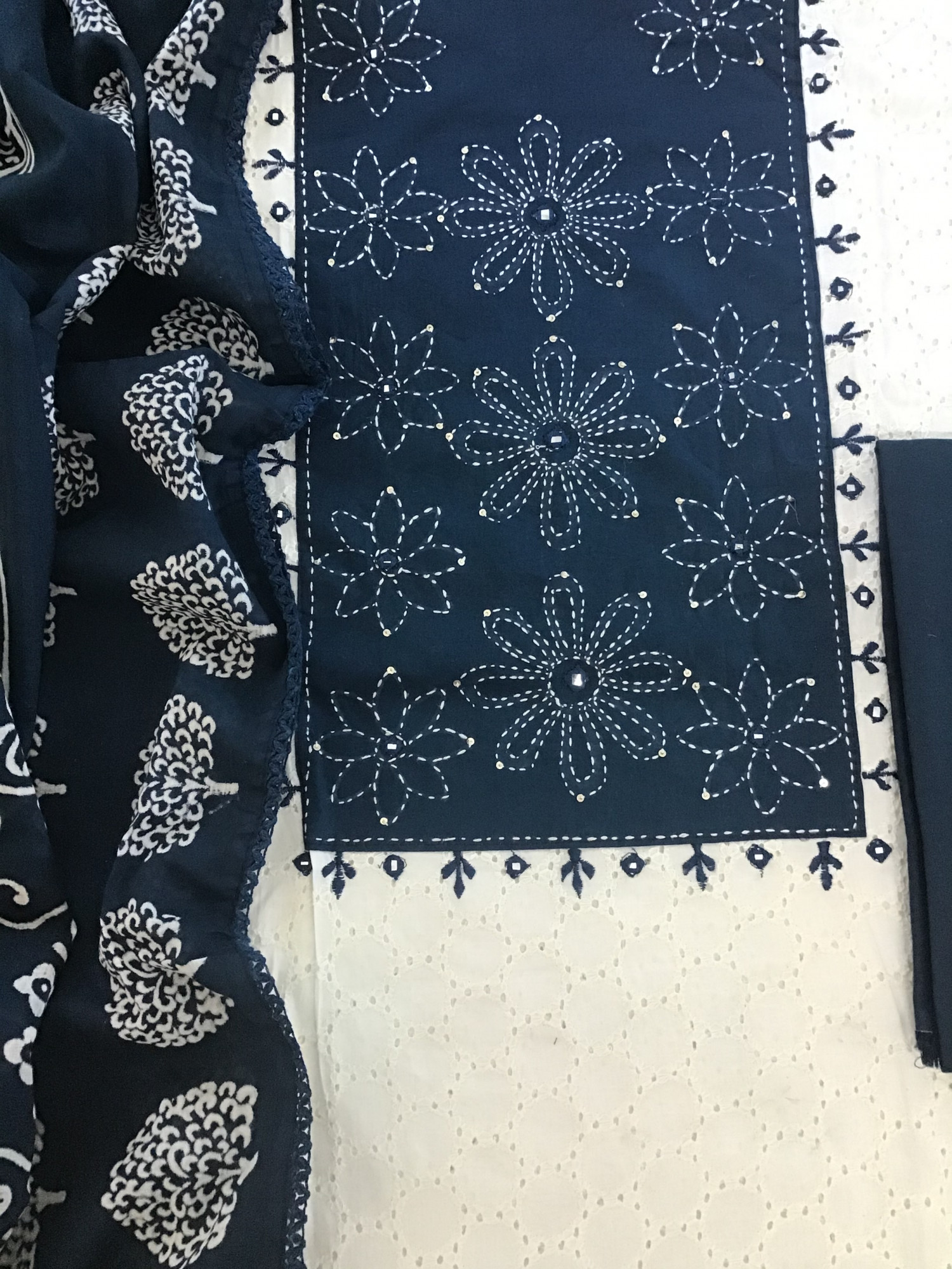 Pure Cotton Printed Embroidered Suit - White