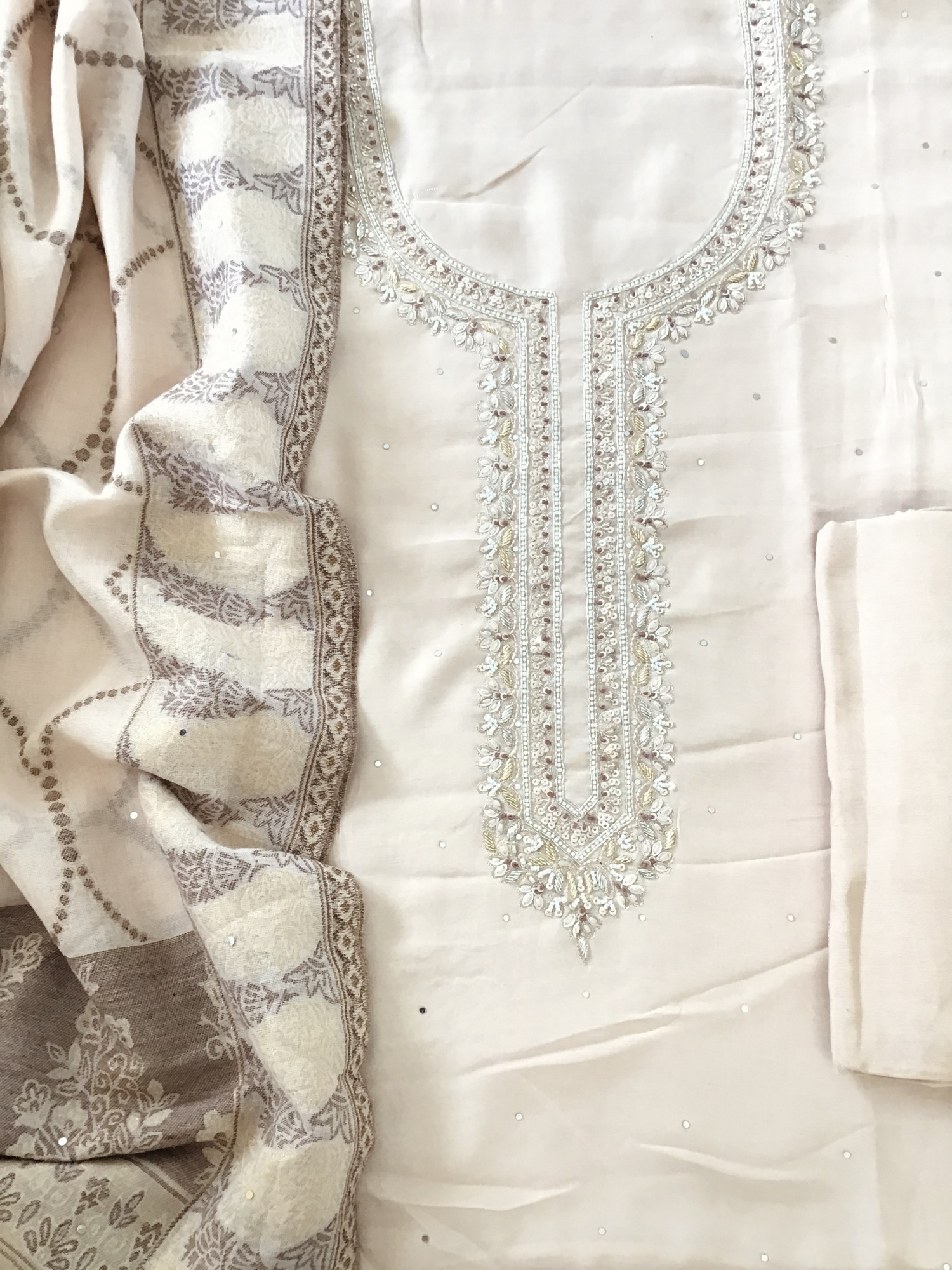 Pure Muslin Embroidered Suit - Beige