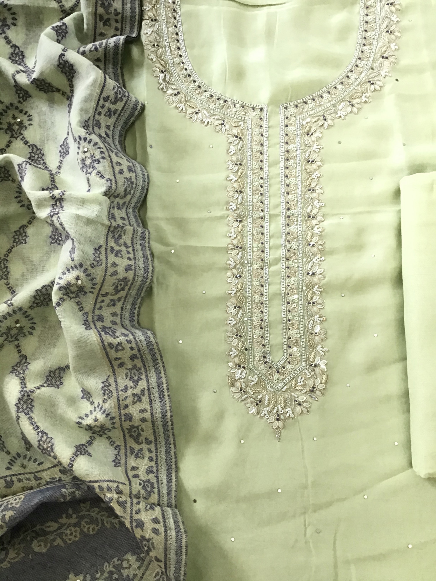 Pure Muslin Embroidered Suit - Green