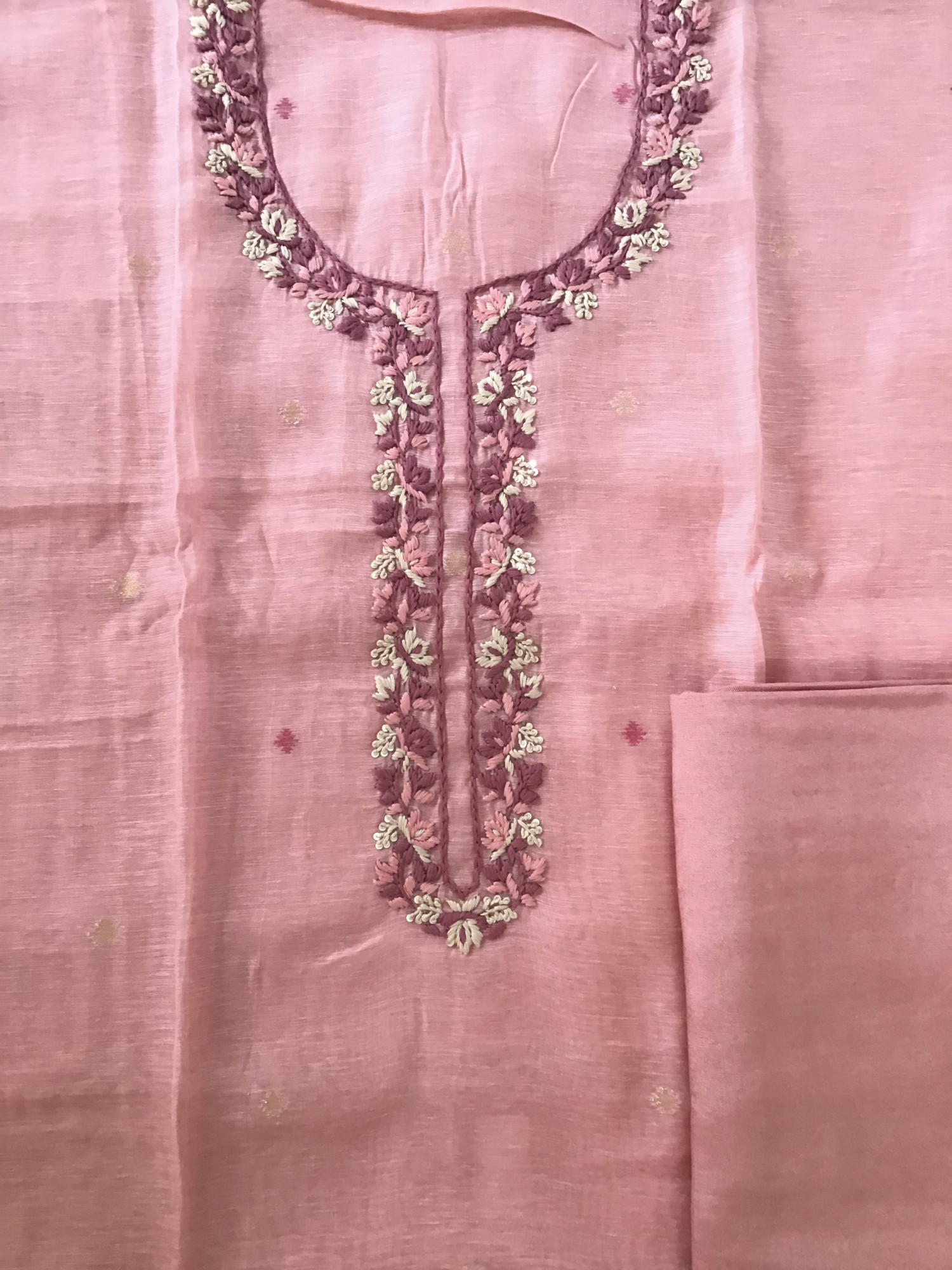 Soft Slub Chanderi Jamdani Weaved Embroidered Suit - Peach