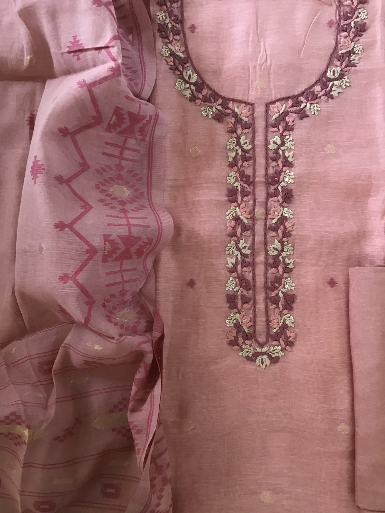 Soft Slub Chanderi Jamdani Weaved Embroidered Suit - Peach