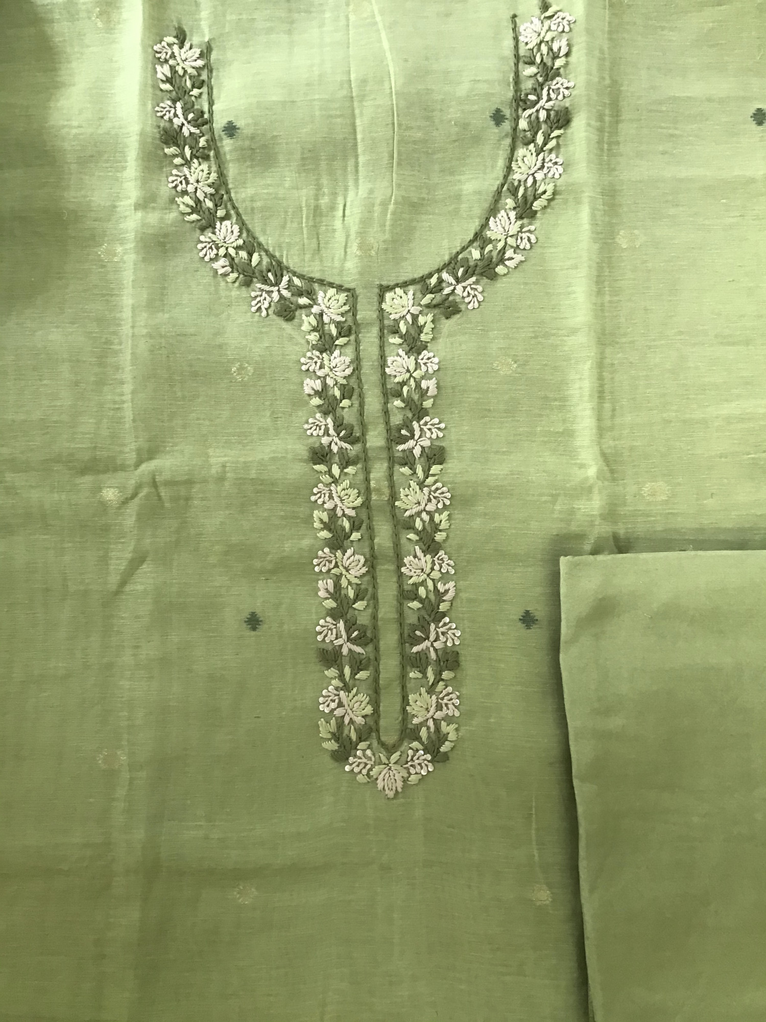 Soft Slub Chanderi Jamdani Weaved Embroidered Suit - Green
